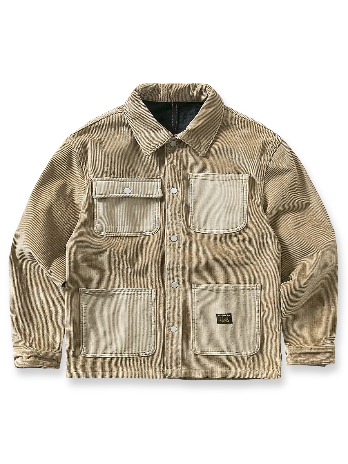 製品画像: 裏起毛付きで保温性に優れたコーデュロイワークジャケット全体の外観、ヴィンテージ感のあるウォッシュ加工が特徴。
詳細画像: 多ポケットデザインと裏起毛仕様、コーデュロイ素材の厚手な質感のクローズアップ。