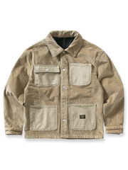 製品画像: 裏起毛付きで保温性に優れたコーデュロイワークジャケット全体の外観、ヴィンテージ感のあるウォッシュ加工が特徴。
詳細画像: 多ポケットデザインと裏起毛仕様、コーデュロイ素材の厚手な質感のクローズアップ。