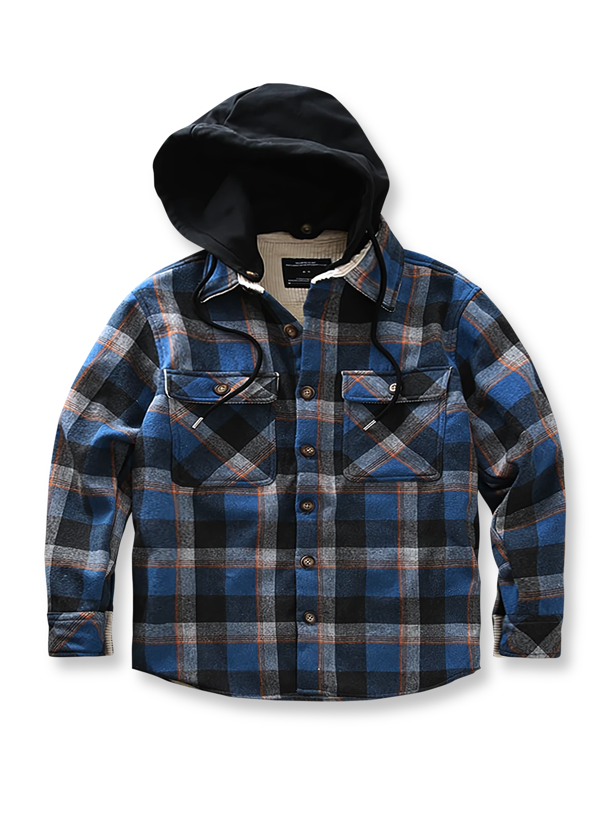 製品画像: 取り外し可能なフードと裏起毛仕様が特徴のチェック柄シャツ全体の外観、100%コットン素材を使用した秋冬向けデザイン。
詳細画像: ダブルチェストポケット、隠しスナップボタン、裏起毛素材と取り外し可能なフードのディテールクローズアップ。