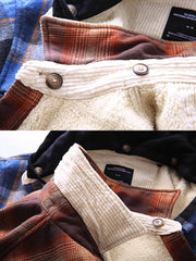 製品画像: 取り外し可能なフードと裏起毛仕様が特徴のチェック柄シャツ全体の外観、100%コットン素材を使用した秋冬向けデザイン。
詳細画像: ダブルチェストポケット、隠しスナップボタン、裏起毛素材と取り外し可能なフードのディテールクローズアップ。