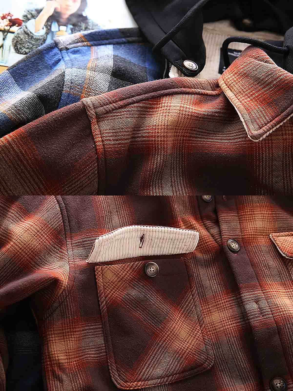 製品画像: 取り外し可能なフードと裏起毛仕様が特徴のチェック柄シャツ全体の外観、100%コットン素材を使用した秋冬向けデザイン。
詳細画像: ダブルチェストポケット、隠しスナップボタン、裏起毛素材と取り外し可能なフードのディテールクローズアップ。