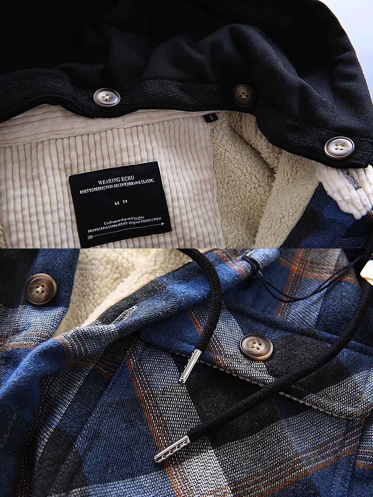 製品画像: 取り外し可能なフードと裏起毛仕様が特徴のチェック柄シャツ全体の外観、100%コットン素材を使用した秋冬向けデザイン。
詳細画像: ダブルチェストポケット、隠しスナップボタン、裏起毛素材と取り外し可能なフードのディテールクローズアップ。