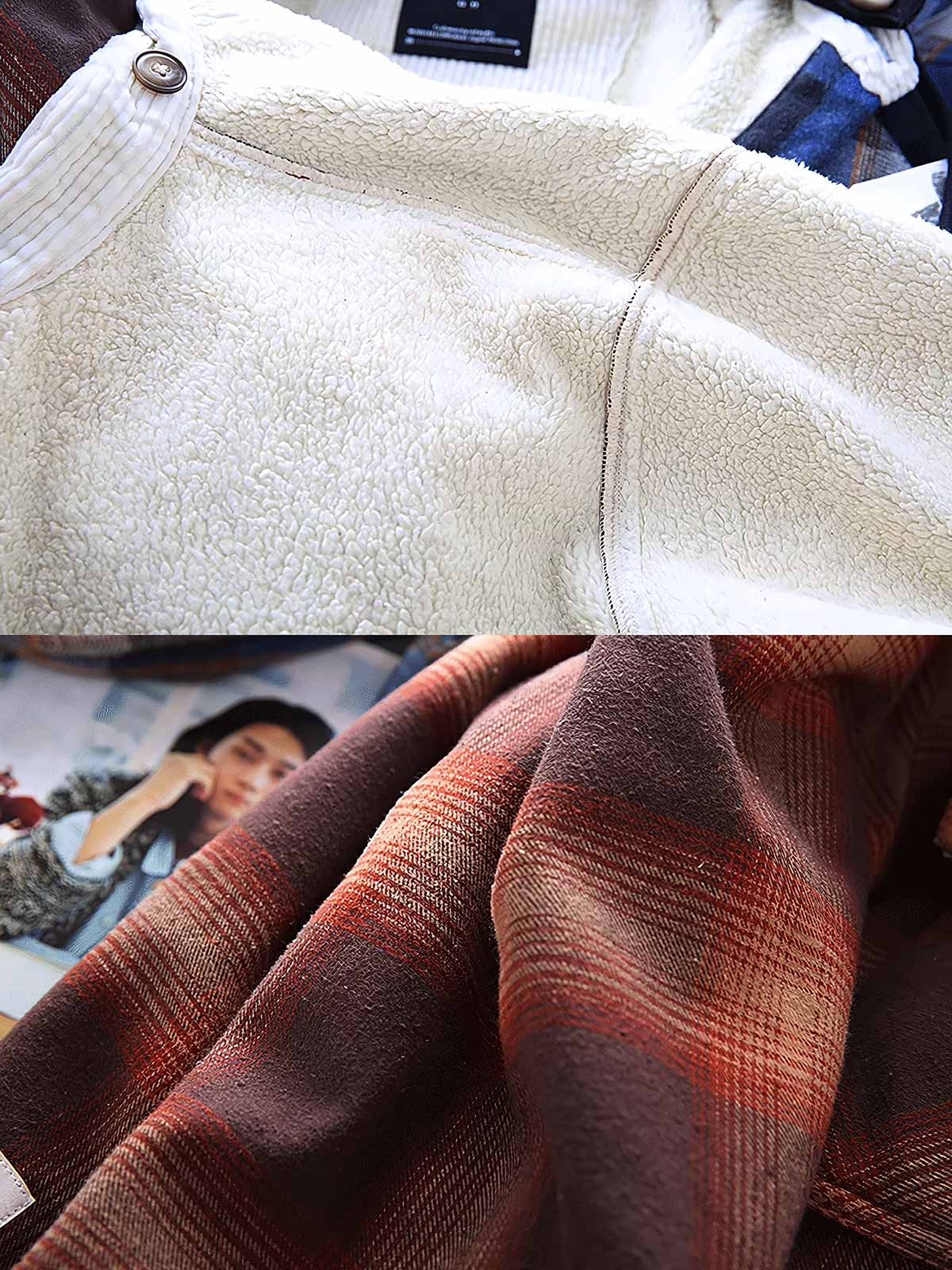 製品画像: 取り外し可能なフードと裏起毛仕様が特徴のチェック柄シャツ全体の外観、100%コットン素材を使用した秋冬向けデザイン。
詳細画像: ダブルチェストポケット、隠しスナップボタン、裏起毛素材と取り外し可能なフードのディテールクローズアップ。