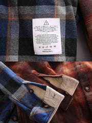 製品画像: 取り外し可能なフードと裏起毛仕様が特徴のチェック柄シャツ全体の外観、100%コットン素材を使用した秋冬向けデザイン。
詳細画像: ダブルチェストポケット、隠しスナップボタン、裏起毛素材と取り外し可能なフードのディテールクローズアップ。