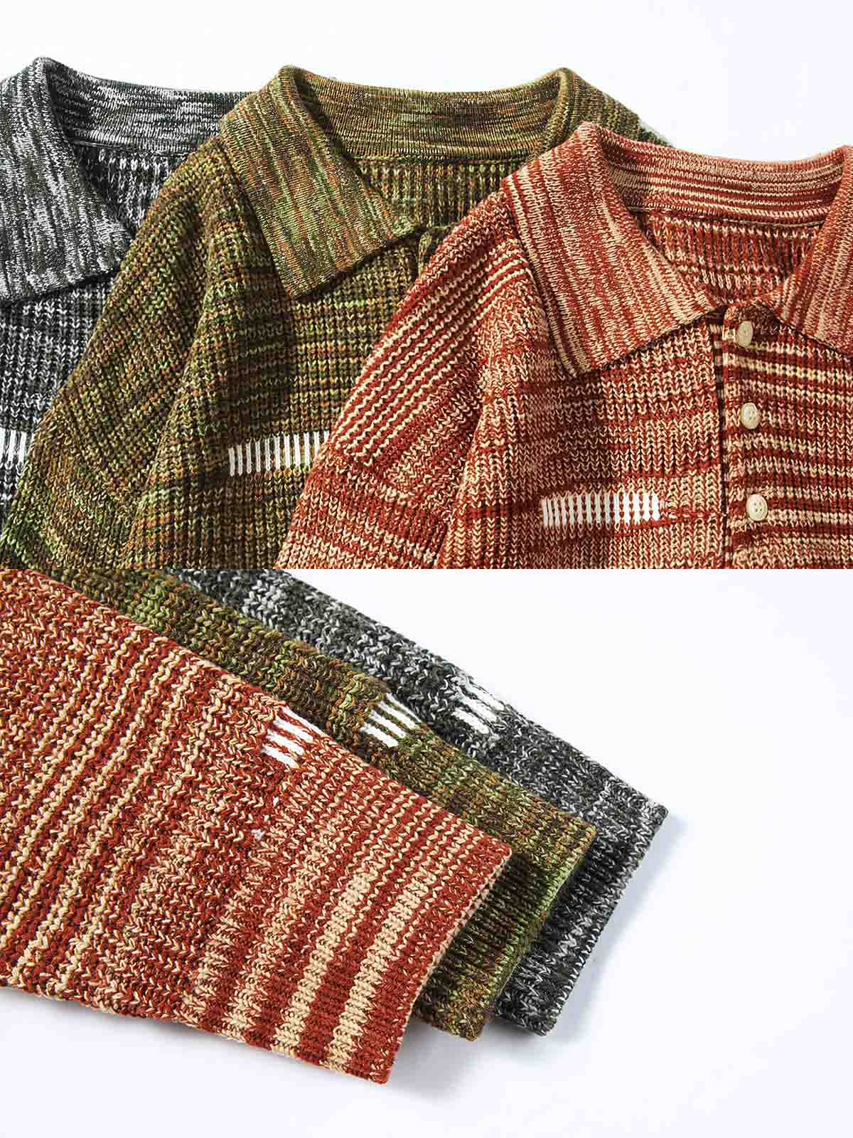 製品画像
秋冬向けのレトロ ポロカラー ニットセーター。中厚のアクリル素材を使用したメンズウェアで、クラシックな三つボタンデザインの襟元が特徴。ルーズフィットのシルエットがリラックス感を提供し、保温性とスタイリッシュさを両立した万能セーター。
詳細画像
レトロなポロカラー ニットセーターの襟元ディテール特写。クラシックな三つボタンデザインがアクセントとなり、モダンで上品な印象を演出。加厚アクリル素材のしっかりとした質感と、秋冬の着用に最適な仕様を示す特写画像。