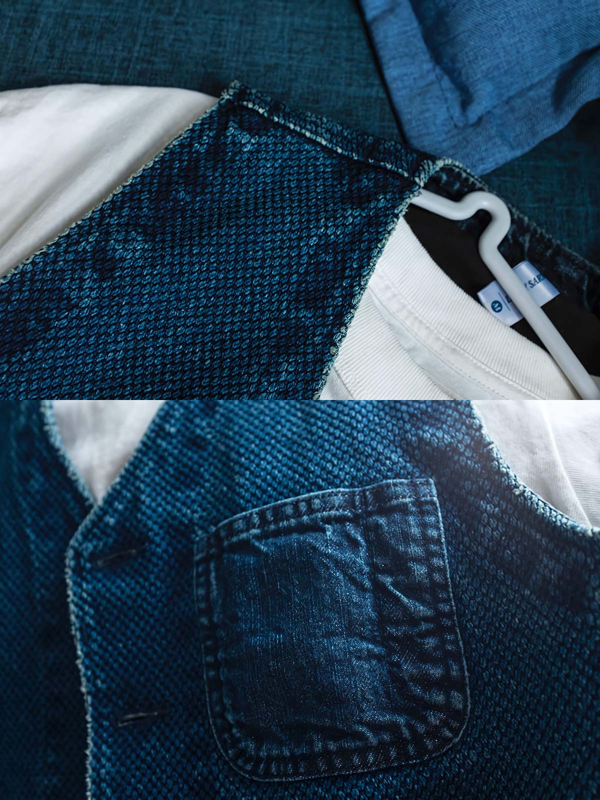 製品画像
剣道着風のデザインを取り入れた多ポケットワークベスト。植物藍染めで仕上げられ、日本武士文化を彷彿とさせるクラシックなスタイルが特徴。軽量なコットン素材を使用し、通勤やアウトドアに最適な正面図。
詳細画像
藍染めのディテールを特写した多ポケットワークベスト。牛角ボタンがアクセントとして使用され、レトロな雰囲気を演出。ポケット部分の縫製や植物藍染めの繊細な色合いが際立つ特写画像。