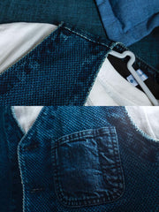 製品画像
剣道着風のデザインを取り入れた多ポケットワークベスト。植物藍染めで仕上げられ、日本武士文化を彷彿とさせるクラシックなスタイルが特徴。軽量なコットン素材を使用し、通勤やアウトドアに最適な正面図。
詳細画像
藍染めのディテールを特写した多ポケットワークベスト。牛角ボタンがアクセントとして使用され、レトロな雰囲気を演出。ポケット部分の縫製や植物藍染めの繊細な色合いが際立つ特写画像。