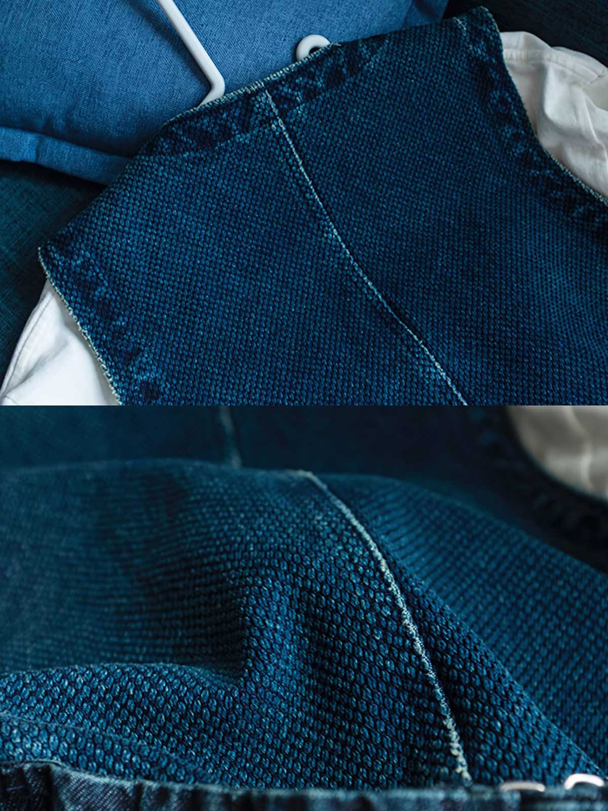 製品画像
剣道着風のデザインを取り入れた多ポケットワークベスト。植物藍染めで仕上げられ、日本武士文化を彷彿とさせるクラシックなスタイルが特徴。軽量なコットン素材を使用し、通勤やアウトドアに最適な正面図。
詳細画像
藍染めのディテールを特写した多ポケットワークベスト。牛角ボタンがアクセントとして使用され、レトロな雰囲気を演出。ポケット部分の縫製や植物藍染めの繊細な色合いが際立つ特写画像。