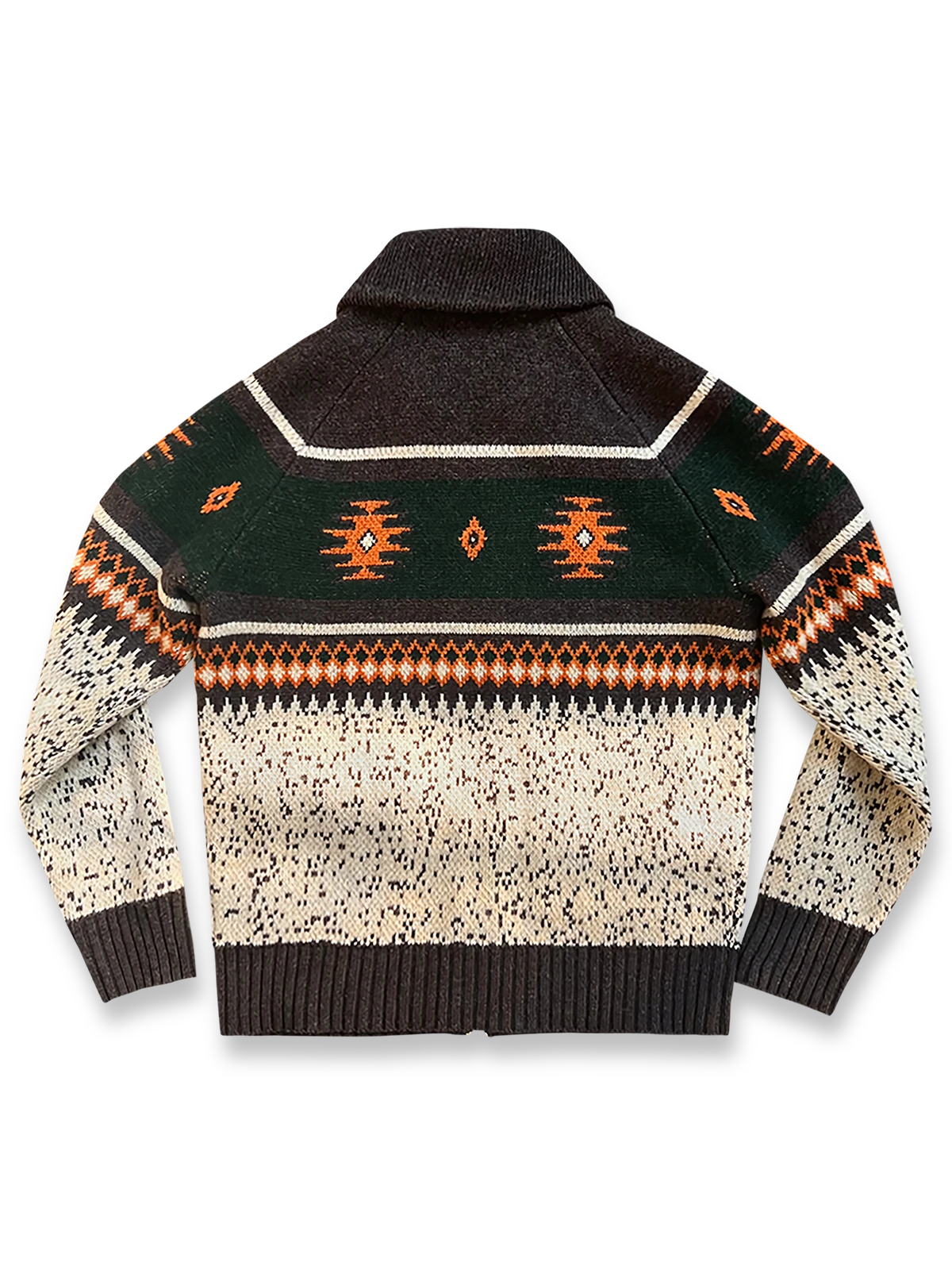 製品画像
ナバホ柄が特徴のオープンカラー(開襟)デザインのウール混紡カーディガン。民族幾何学模様が取り入れられたアメカジレトロスタイルで、秋冬のコーディネートに最適。厚手のウール混紡素材が保温性と快適さを提供する正面全体像。
詳細画像
ナバホ柄カーディガンのジッパーディテールとウール混紡素材の質感を特写。幾何学模様の編み込みデザインが民族風の魅力を強調し、耐久性と柔らかさを兼ね備えた生地の特徴を示すクローズアップ画像。