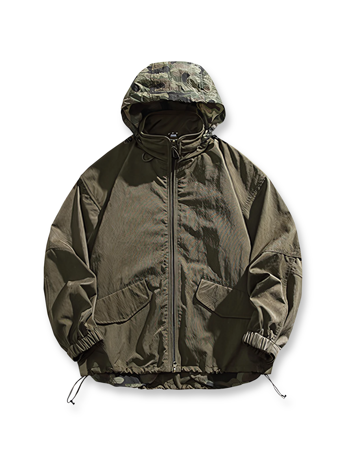 製品画像
アウトドア機能性 速乾 防風 撥水 フード付きジャケットの正面全体像。高密度ナイロンオックスフォードジャカード生地を使用し、三防(速乾、防風、撥水)性能を兼ね備えたデザイン。調整可能なフード付きで、都市からアウトドアまで幅広く活躍。
詳細画像
フード付きジャケットの水平に配置されたポケット部分を特写。フラップ付きポケットの内部には隠しマグネットボタンが内蔵されており、安全性と収納性を向上。高密度ナイロン素材の撥水加工とディテールが際立つ特写画像。