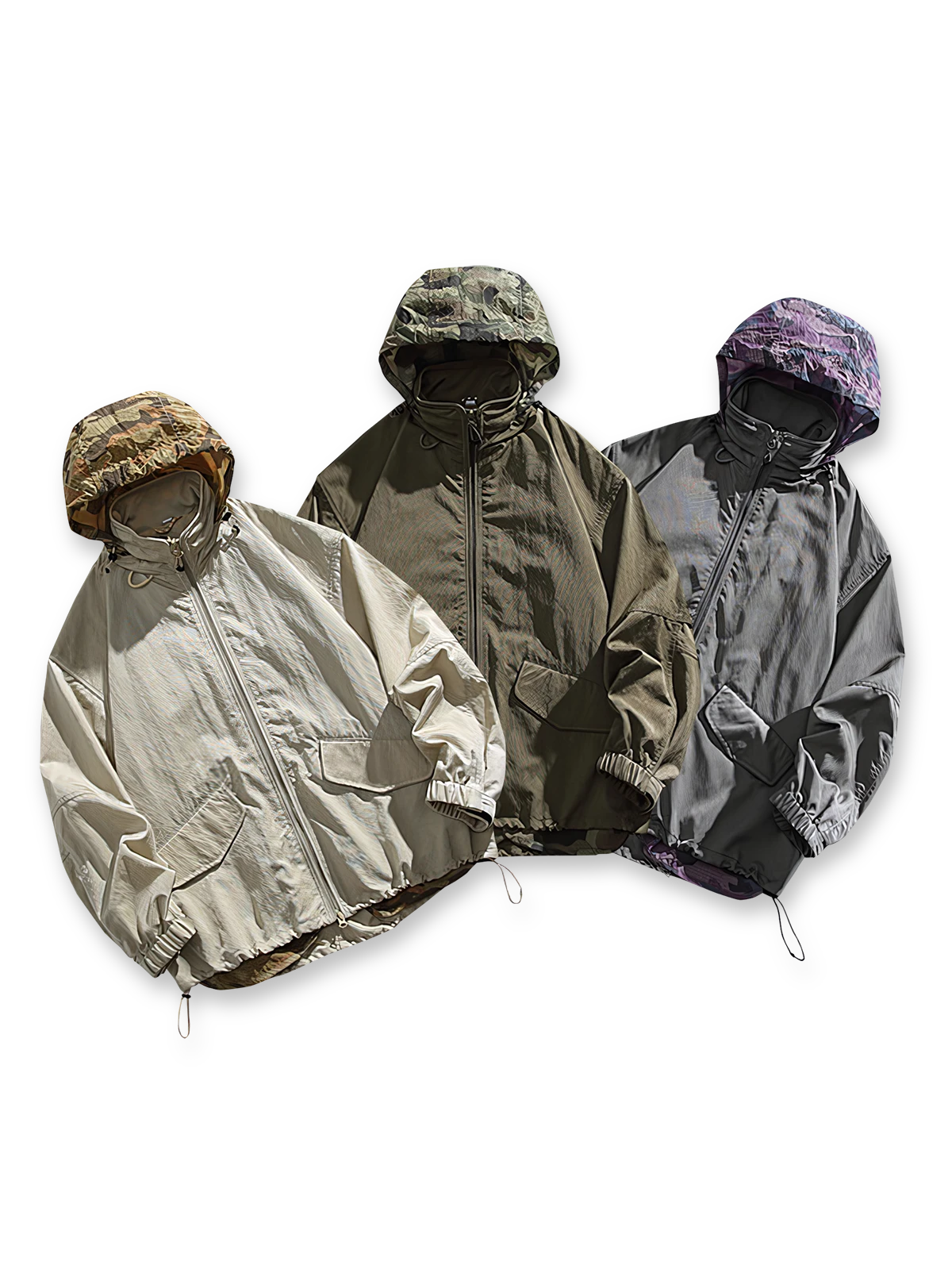 製品画像
アウトドア機能性 速乾 防風 撥水 フード付きジャケットの正面全体像。高密度ナイロンオックスフォードジャカード生地を使用し、三防(速乾、防風、撥水)性能を兼ね備えたデザイン。調整可能なフード付きで、都市からアウトドアまで幅広く活躍。
詳細画像
フード付きジャケットの水平に配置されたポケット部分を特写。フラップ付きポケットの内部には隠しマグネットボタンが内蔵されており、安全性と収納性を向上。高密度ナイロン素材の撥水加工とディテールが際立つ特写画像。