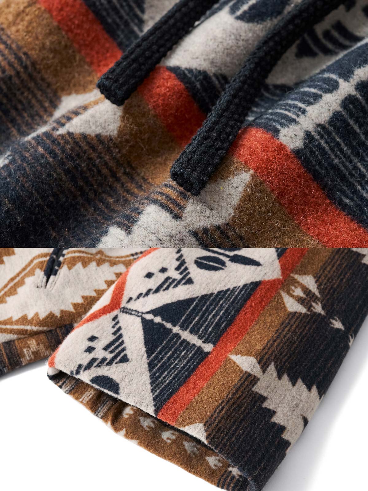 製品画像
インディアン柄とレトロデザインが特徴のはんてん。アメリカ西部開拓時代のスタイルと伝統的なインディアンのトーテムデザインを融合した、ヴィンテージ感漂うコットンウール混紡素材の全体展示。
詳細画像
はんてんのフロントに使用された剣道刺し子生地のディテール特写。繊細な職人技術が際立つデザインと、酵素ウォッシュ加工によるヴィンテージ感が融合した素材感のクローズアップ。