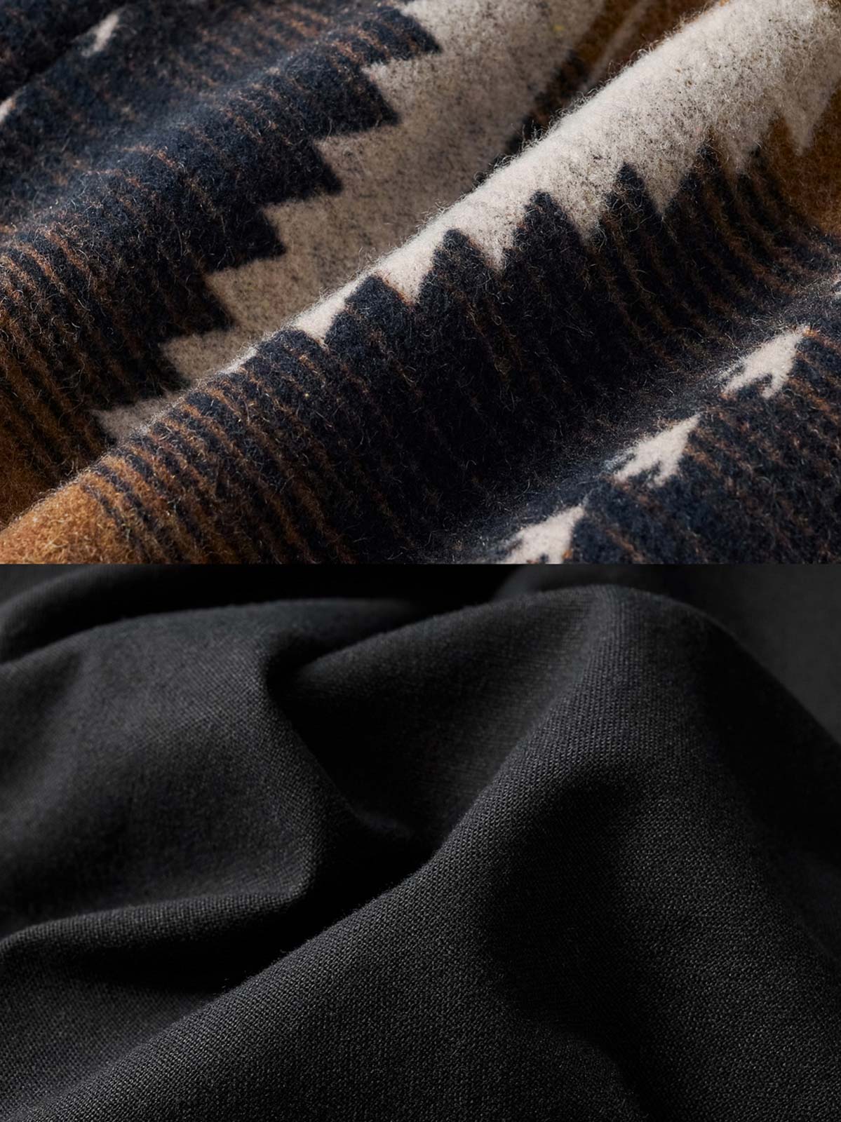 製品画像
インディアン柄とレトロデザインが特徴のはんてん。アメリカ西部開拓時代のスタイルと伝統的なインディアンのトーテムデザインを融合した、ヴィンテージ感漂うコットンウール混紡素材の全体展示。
詳細画像
はんてんのフロントに使用された剣道刺し子生地のディテール特写。繊細な職人技術が際立つデザインと、酵素ウォッシュ加工によるヴィンテージ感が融合した素材感のクローズアップ。