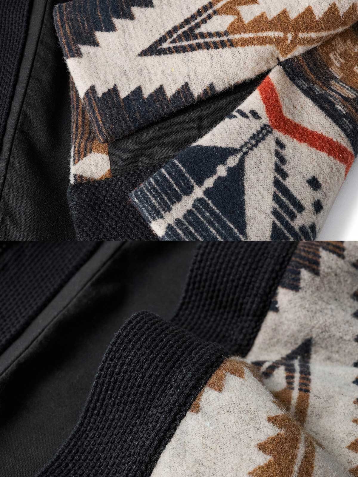 製品画像
インディアン柄とレトロデザインが特徴のはんてん。アメリカ西部開拓時代のスタイルと伝統的なインディアンのトーテムデザインを融合した、ヴィンテージ感漂うコットンウール混紡素材の全体展示。
詳細画像
はんてんのフロントに使用された剣道刺し子生地のディテール特写。繊細な職人技術が際立つデザインと、酵素ウォッシュ加工によるヴィンテージ感が融合した素材感のクローズアップ。