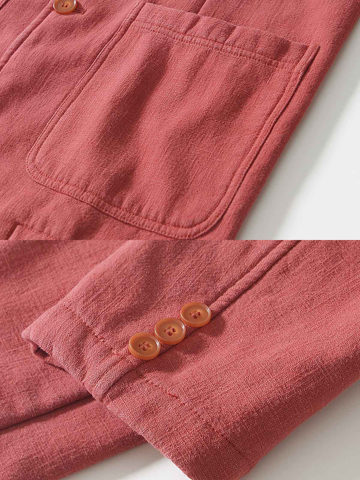 製品画像: 厚手裏起毛ラミーカジュアルブレザー全体イメージ画像。6色展開で、クラシックな2つボタンとノッチドラペルのデザインが特徴。冬のカジュアルコーデやビジネスシーンにぴったり。
詳細画像: ノッチドラペルと丁寧なパイピング仕様の裏地をクローズアップした画像。厚手のラミー素材と裏起毛デザインで高い保温性を実現。