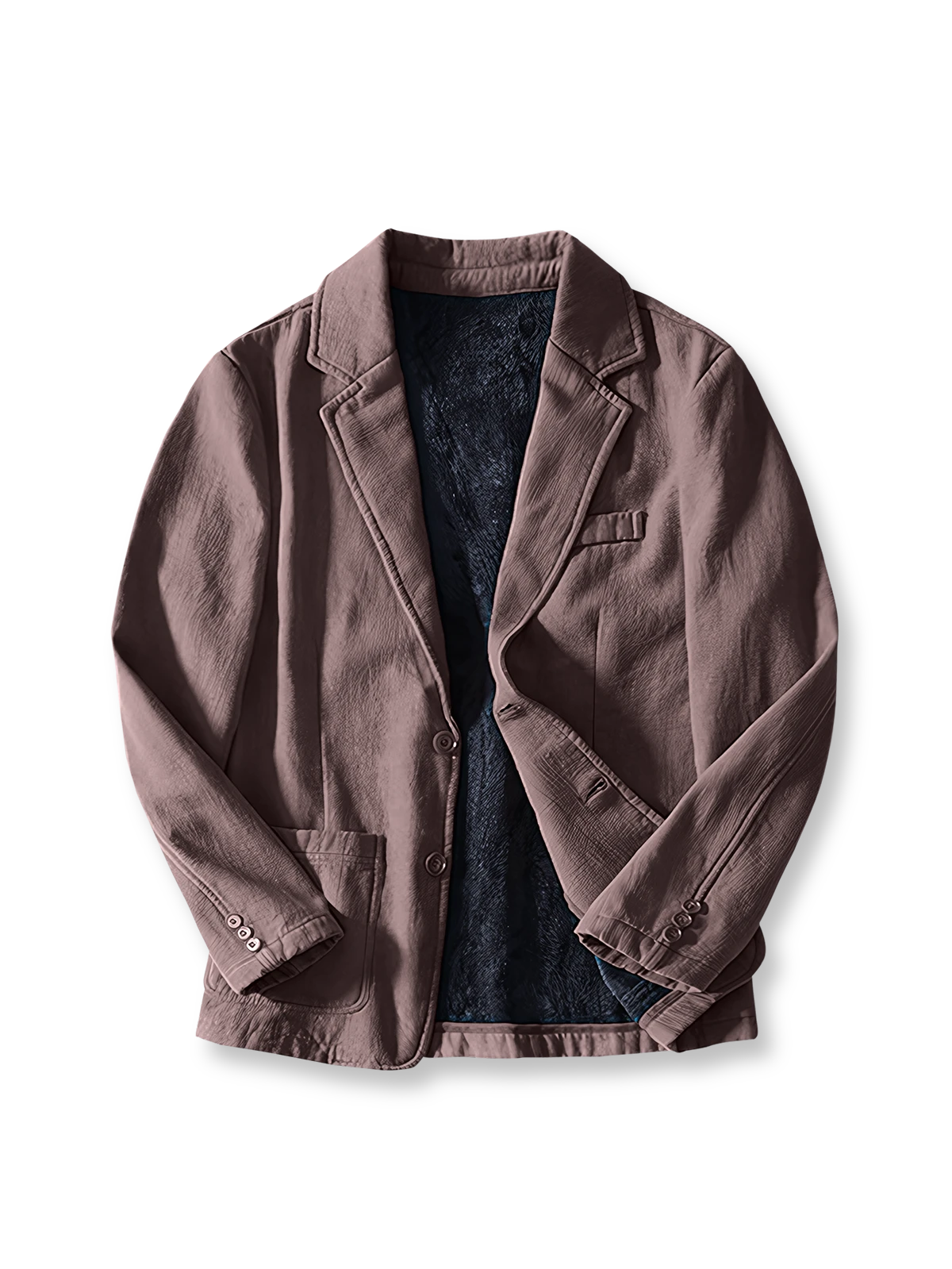 製品画像: 厚手裏起毛ラミーカジュアルブレザー全体イメージ画像。6色展開で、クラシックな2つボタンとノッチドラペルのデザインが特徴。冬のカジュアルコーデやビジネスシーンにぴったり。
詳細画像: ノッチドラペルと丁寧なパイピング仕様の裏地をクローズアップした画像。厚手のラミー素材と裏起毛デザインで高い保温性を実現。