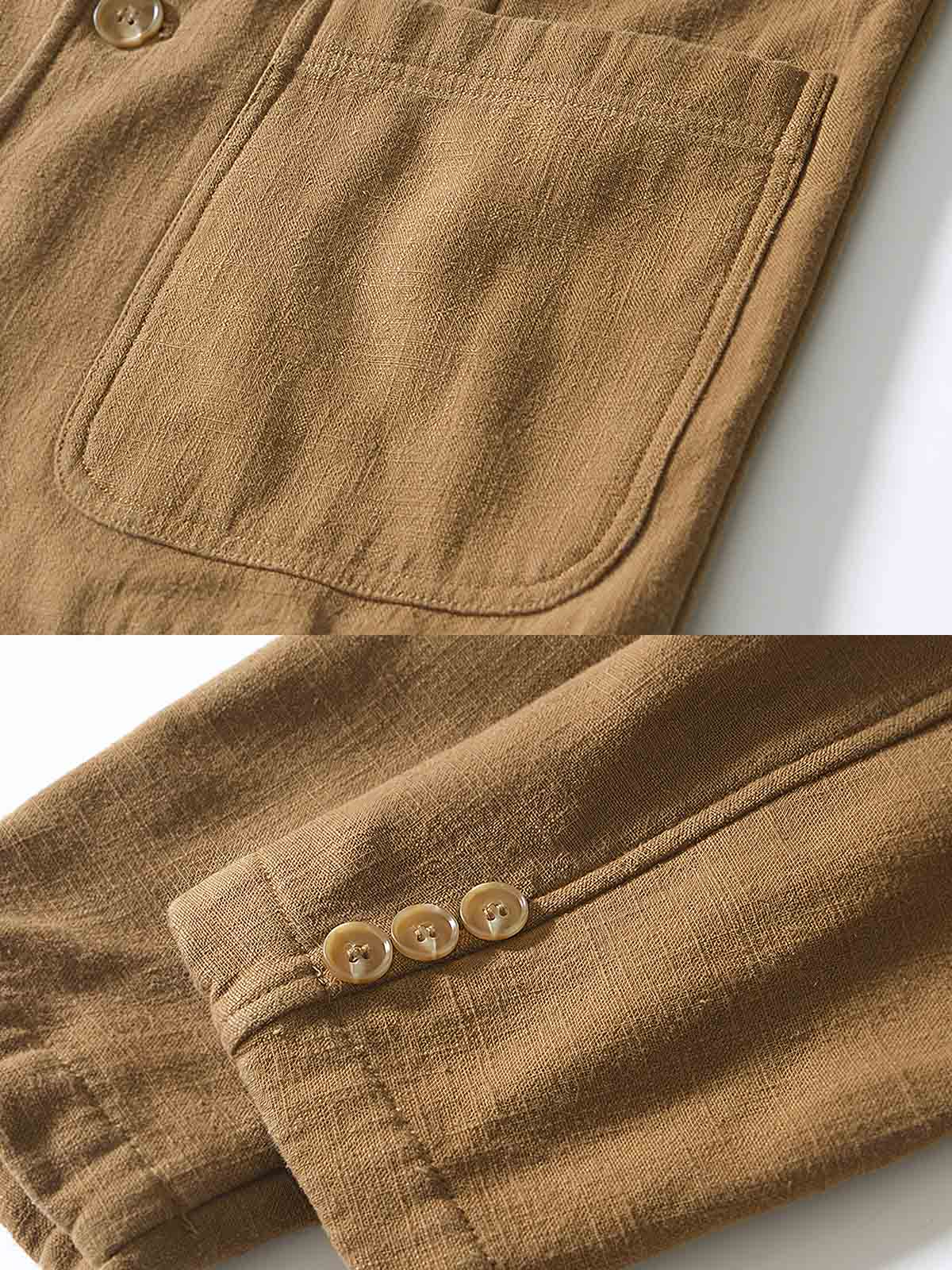 製品画像: 厚手裏起毛ラミーカジュアルブレザー全体イメージ画像。6色展開で、クラシックな2つボタンとノッチドラペルのデザインが特徴。冬のカジュアルコーデやビジネスシーンにぴったり。
詳細画像: ノッチドラペルと丁寧なパイピング仕様の裏地をクローズアップした画像。厚手のラミー素材と裏起毛デザインで高い保温性を実現。