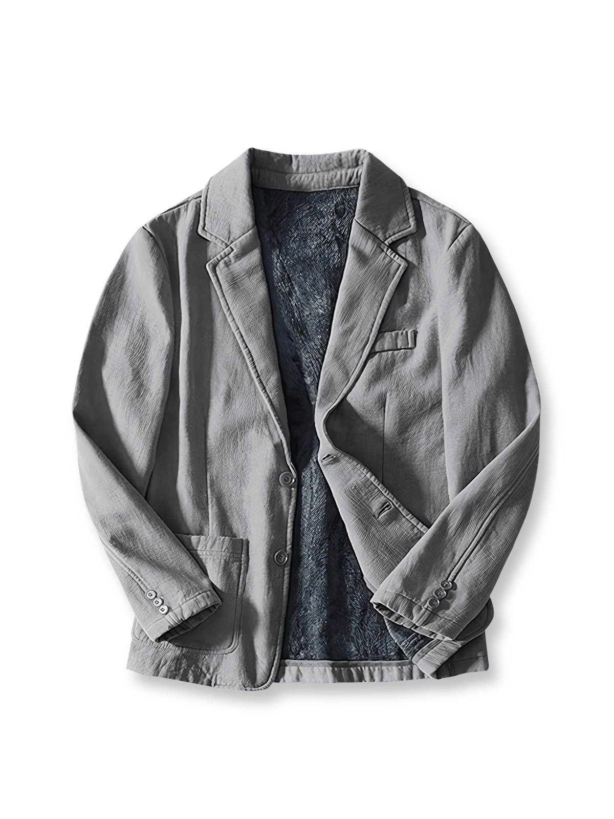 製品画像: 厚手裏起毛ラミーカジュアルブレザー全体イメージ画像。6色展開で、クラシックな2つボタンとノッチドラペルのデザインが特徴。冬のカジュアルコーデやビジネスシーンにぴったり。
詳細画像: ノッチドラペルと丁寧なパイピング仕様の裏地をクローズアップした画像。厚手のラミー素材と裏起毛デザインで高い保温性を実現。