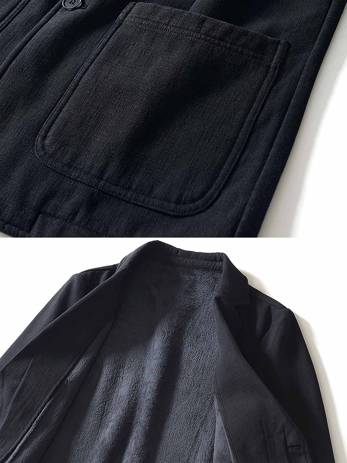 製品画像: 厚手裏起毛ラミーカジュアルブレザー全体イメージ画像。6色展開で、クラシックな2つボタンとノッチドラペルのデザインが特徴。冬のカジュアルコーデやビジネスシーンにぴったり。
詳細画像: ノッチドラペルと丁寧なパイピング仕様の裏地をクローズアップした画像。厚手のラミー素材と裏起毛デザインで高い保温性を実現。