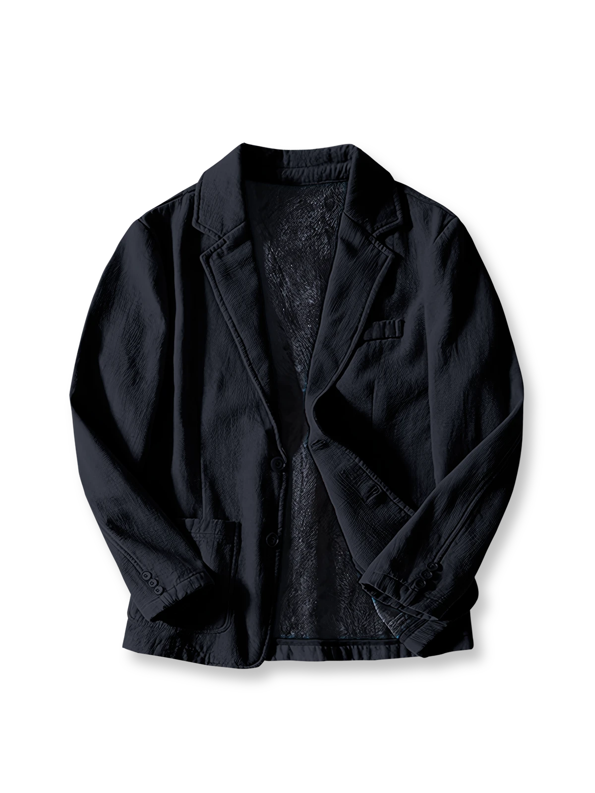 製品画像: 厚手裏起毛ラミーカジュアルブレザー全体イメージ画像。6色展開で、クラシックな2つボタンとノッチドラペルのデザインが特徴。冬のカジュアルコーデやビジネスシーンにぴったり。
詳細画像: ノッチドラペルと丁寧なパイピング仕様の裏地をクローズアップした画像。厚手のラミー素材と裏起毛デザインで高い保温性を実現。