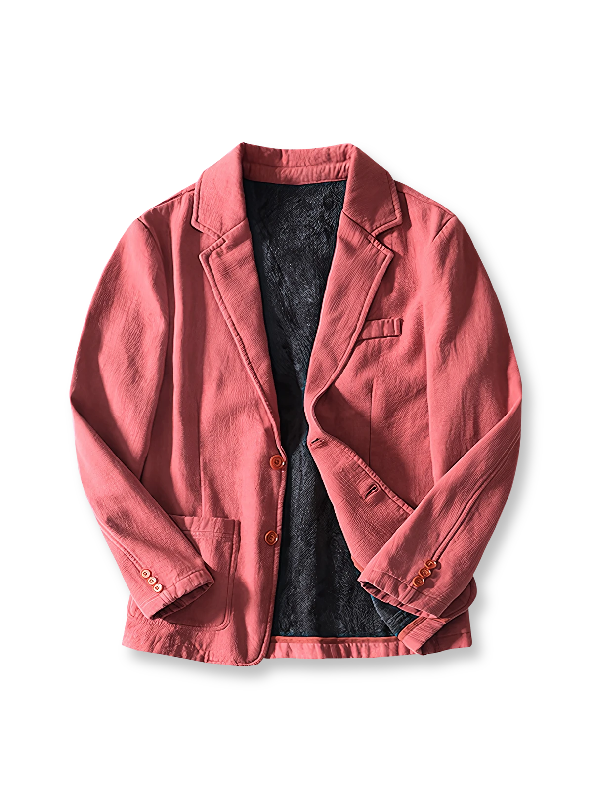 製品画像: 厚手裏起毛ラミーカジュアルブレザー全体イメージ画像。6色展開で、クラシックな2つボタンとノッチドラペルのデザインが特徴。冬のカジュアルコーデやビジネスシーンにぴったり。
詳細画像: ノッチドラペルと丁寧なパイピング仕様の裏地をクローズアップした画像。厚手のラミー素材と裏起毛デザインで高い保温性を実現。