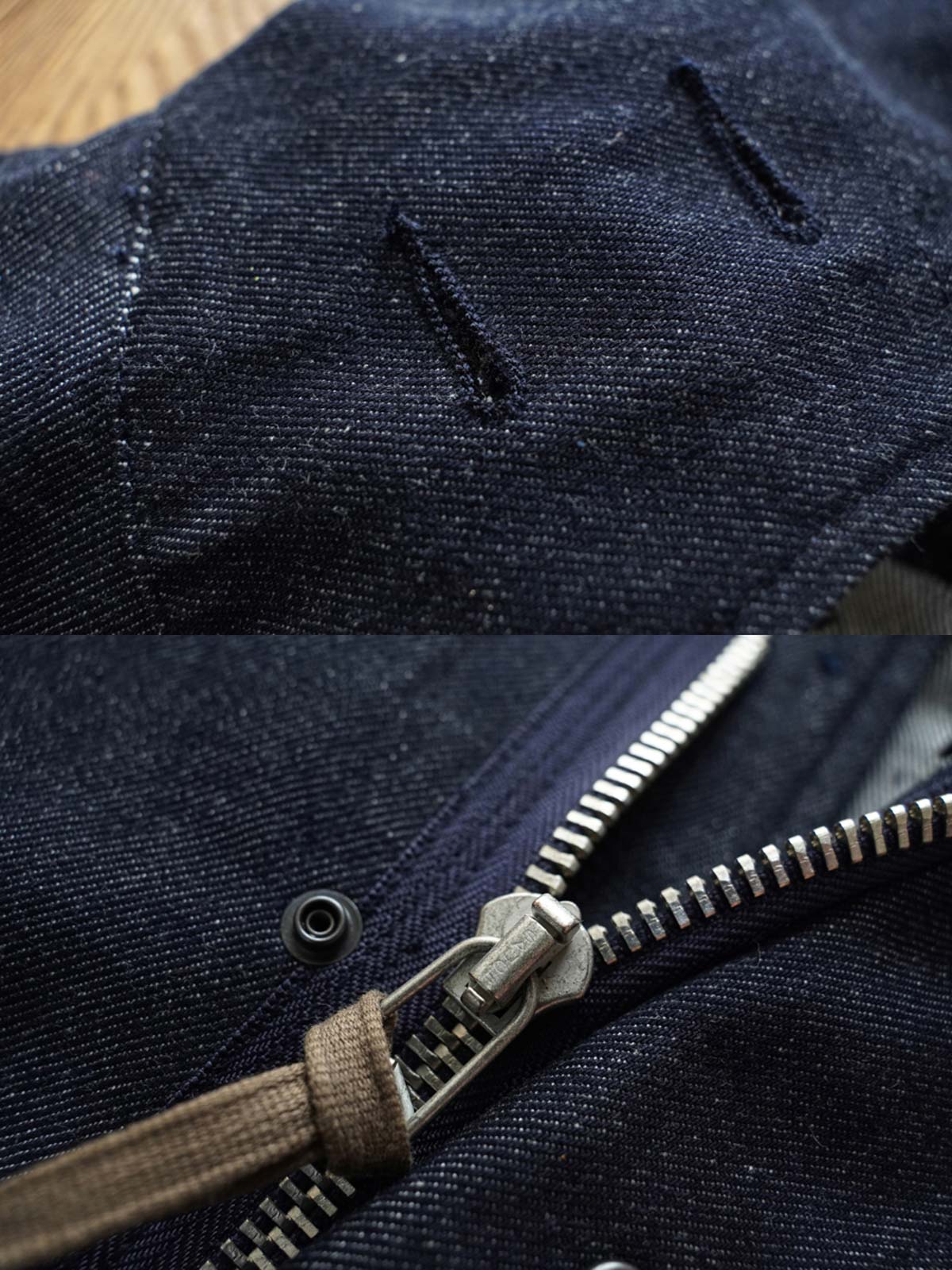 製品画像: デニムバージョンのM51フィッシュテールコート全体イメージ画像。特注のデニム素材で再現されたヴィンテージミリタリースタイルが特徴的。シルバーカラージッパーやブルー樹脂ボタンなど、細部までこだわったデザインが魅力。
詳細画像: YKK製スナップボタンと特注シルバーカラージッパー、ブルー樹脂ボタンのディテールをクローズアップした画像。ヴィンテージ感を引き立てる丁寧なディテールが際立つ。
