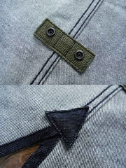 製品画像: デニムバージョンのM51フィッシュテールコート全体イメージ画像。特注のデニム素材で再現されたヴィンテージミリタリースタイルが特徴的。シルバーカラージッパーやブルー樹脂ボタンなど、細部までこだわったデザインが魅力。
詳細画像: YKK製スナップボタンと特注シルバーカラージッパー、ブルー樹脂ボタンのディテールをクローズアップした画像。ヴィンテージ感を引き立てる丁寧なディテールが際立つ。