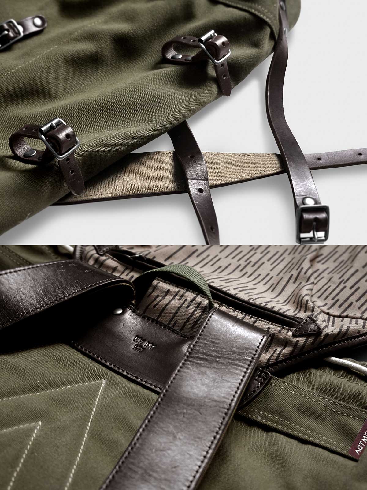製品画像: 第5世代M39ヴィンテージキャンバスバックパック全体イメージ画像。厚手キャンバス素材と牛革補強が特徴で、特殊なウォッシュ加工がヴィンテージ感を際立たせたデザイン。アウトドアやサイクリングに適した大容量仕様。
詳細画像: 牛革で補強されたストレスポイントと、スムーズな開閉を実現するトップおよびサイドジッパーのディテールをクローズアップした画像。高耐久性と実用性が際立つ。