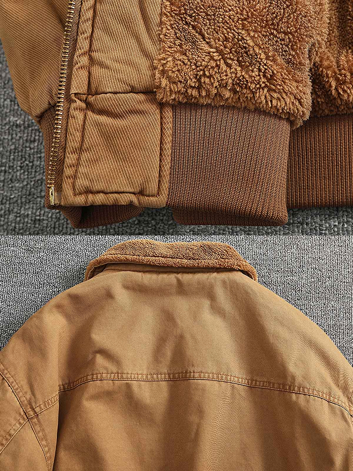 製品画像:
"水洗い加工を施したシープスキンライニング付きフライトジャケットの全体図。クラシックなアメカジスタイル、シープスキンカラーとツイル織りコットンの組み合わせでヴィンテージ感を引き立てたデザイン"
詳細画像:
"シープスキン風ライニングとリブ仕様の裾ディテールをクローズアップした画像。裏地の柔らかさと保温性が際立ち、防風性を兼ね備えたデザインが強調される"