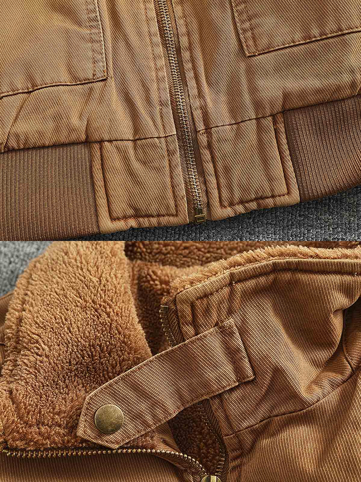 製品画像:
"水洗い加工を施したシープスキンライニング付きフライトジャケットの全体図。クラシックなアメカジスタイル、シープスキンカラーとツイル織りコットンの組み合わせでヴィンテージ感を引き立てたデザイン"
詳細画像:
"シープスキン風ライニングとリブ仕様の裾ディテールをクローズアップした画像。裏地の柔らかさと保温性が際立ち、防風性を兼ね備えたデザインが強調される"