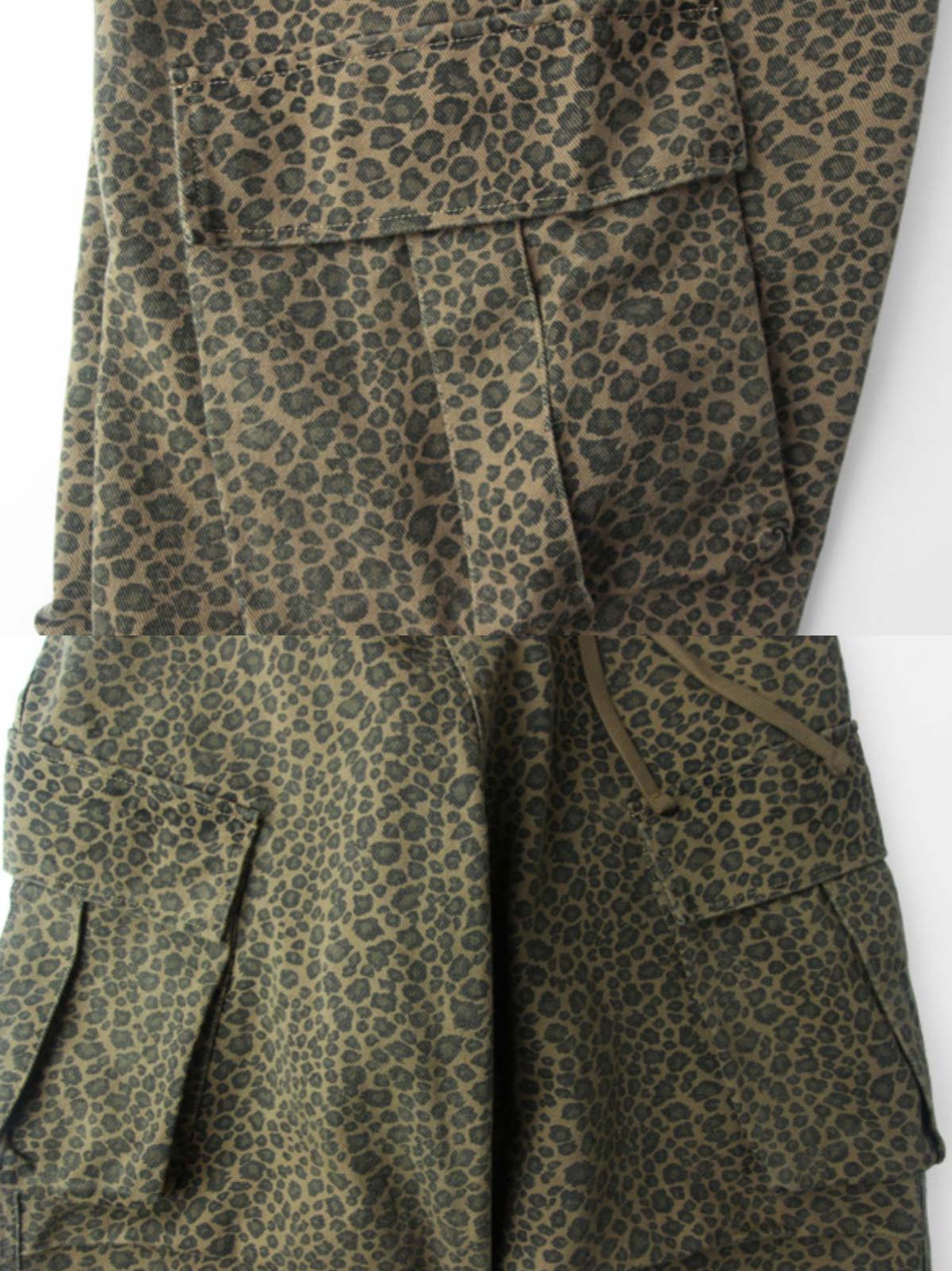 製品画像:
"重厚な厚手のヒョウ柄カモフラージュパラシュートカーゴパンツの全体図。ヴィンテージ感と耐久性を引き立てる水洗い加工とヒョウ柄カモフラージュプリントが特徴的なデザイン"
詳細画像:
"パラシュートパンツのダブルプリーツと6ポケットデザインのクローズアップ。機能性を重視したディテールと、ヴィンテージ風の風合いが際立つ素材感"