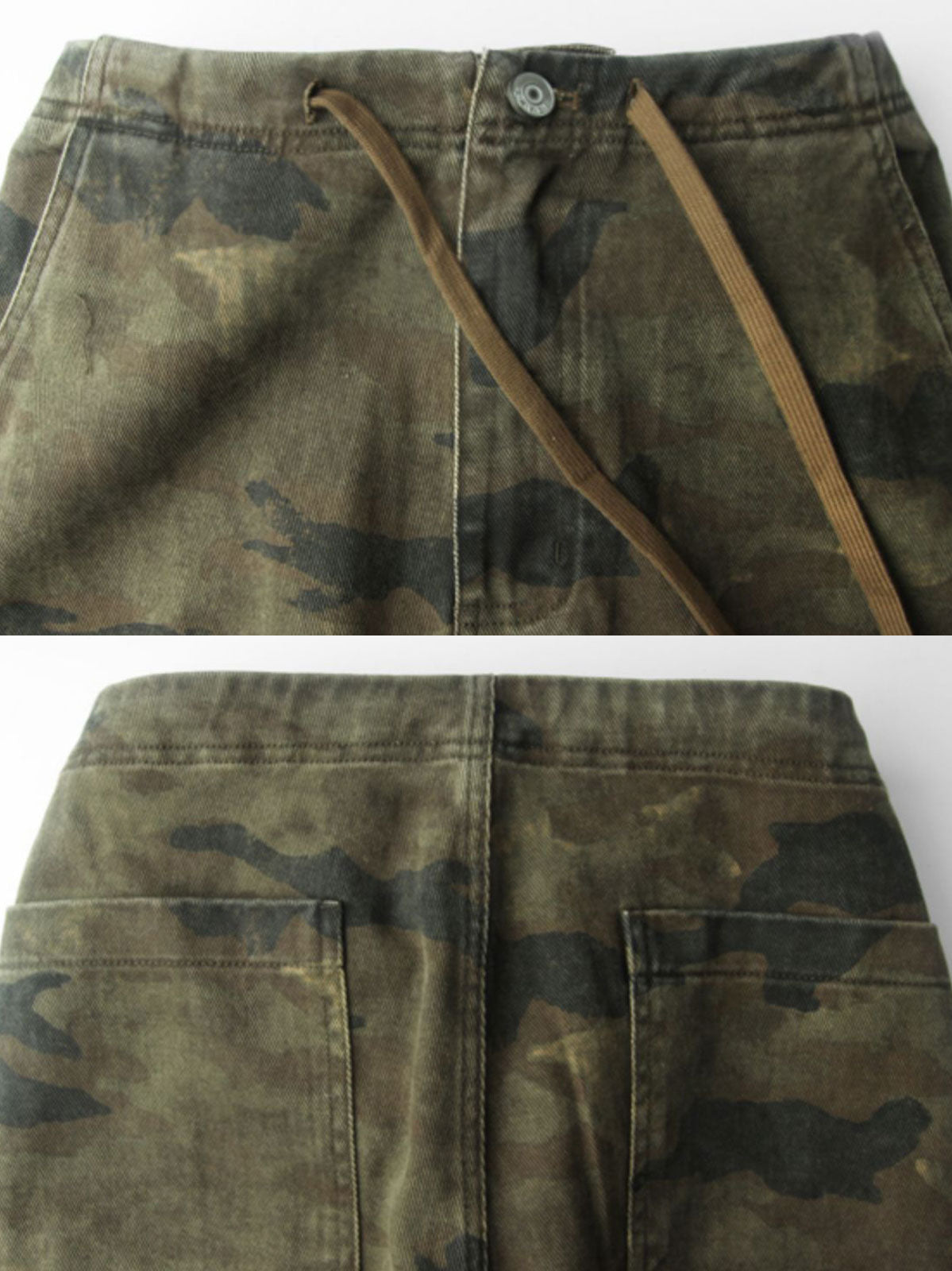 製品画像:
"重厚な厚手のヒョウ柄カモフラージュパラシュートカーゴパンツの全体図。ヴィンテージ感と耐久性を引き立てる水洗い加工とヒョウ柄カモフラージュプリントが特徴的なデザイン"
詳細画像:
"パラシュートパンツのダブルプリーツと6ポケットデザインのクローズアップ。機能性を重視したディテールと、ヴィンテージ風の風合いが際立つ素材感"