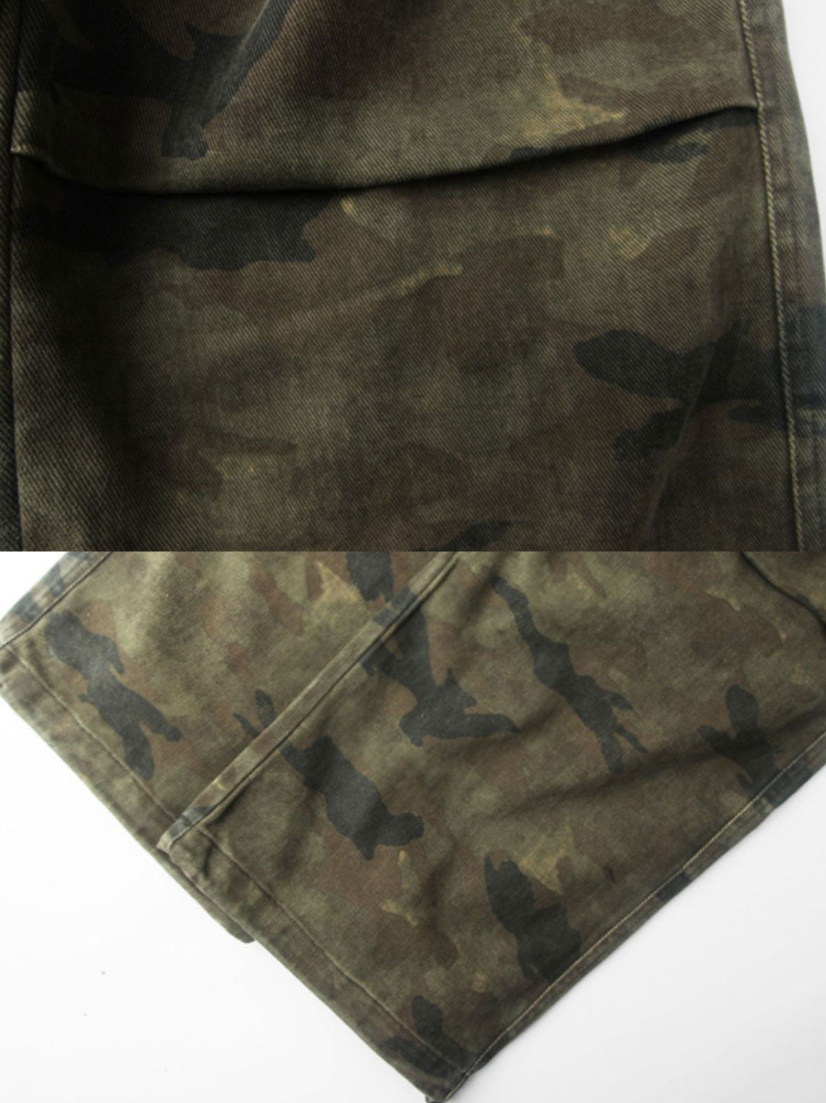 製品画像:
"重厚な厚手のヒョウ柄カモフラージュパラシュートカーゴパンツの全体図。ヴィンテージ感と耐久性を引き立てる水洗い加工とヒョウ柄カモフラージュプリントが特徴的なデザイン"
詳細画像:
"パラシュートパンツのダブルプリーツと6ポケットデザインのクローズアップ。機能性を重視したディテールと、ヴィンテージ風の風合いが際立つ素材感"