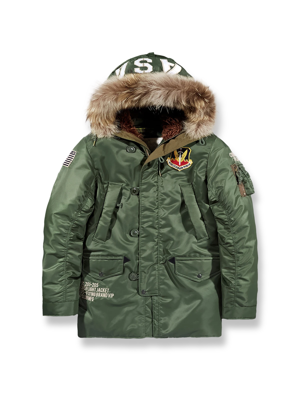 製品画像: 空中戦闘司令部シリーズのN3B中綿フライトジャケット全体を展示した画像。クラシックなミリタリーデザインの特徴が一目でわかる、保温性と防風性能を兼ね備えたジャケット。
詳細画像: アライグマ風の合成ファー襟とフライトエンブレムのディテールがクローズアップされた画像。襟の柔らかい質感とエンブレムのディテールが、ジャケットの軍旅スタイルを引き立てる。