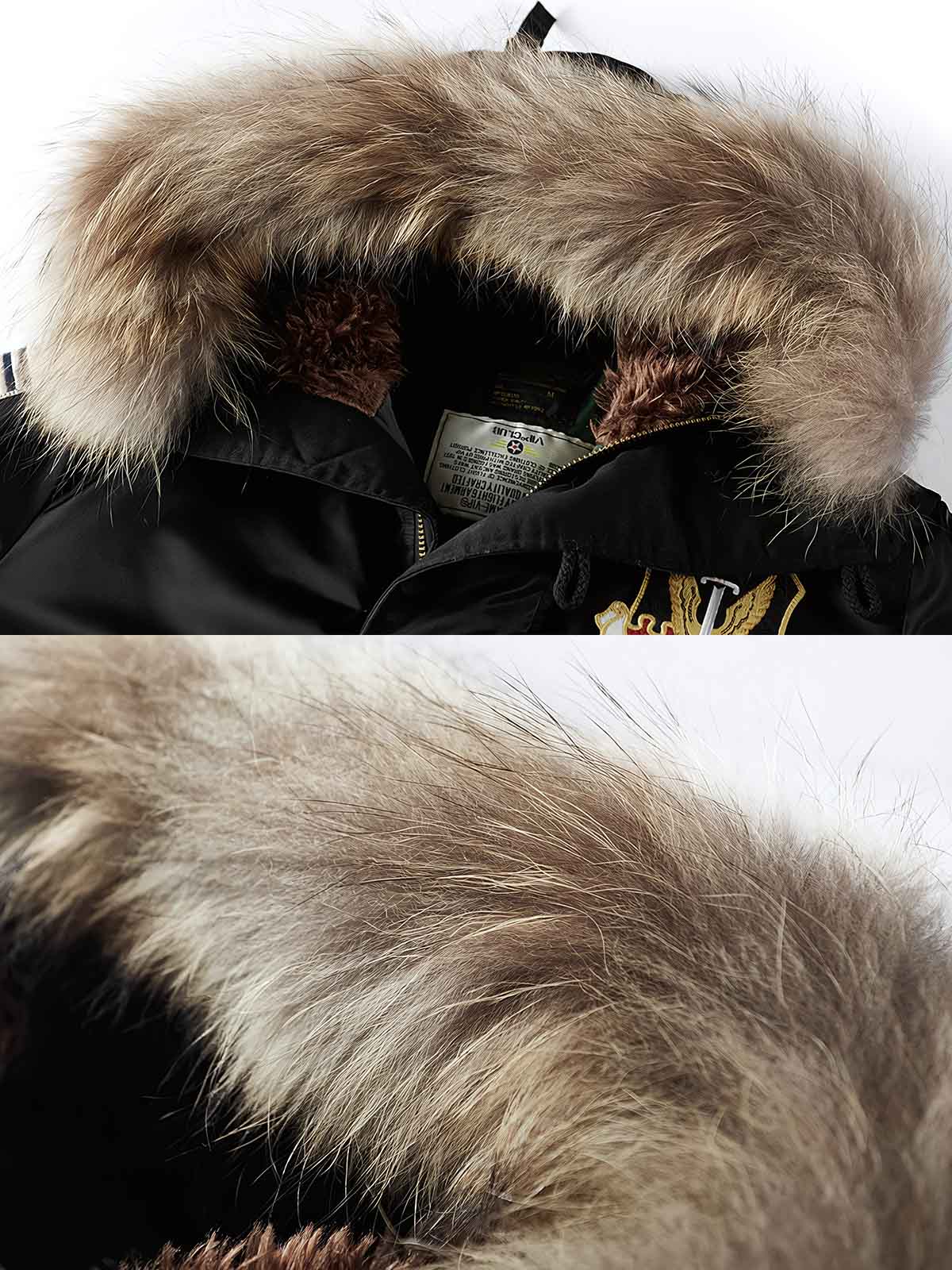 製品画像: 空中戦闘司令部シリーズのN3B中綿フライトジャケット全体を展示した画像。クラシックなミリタリーデザインの特徴が一目でわかる、保温性と防風性能を兼ね備えたジャケット。
詳細画像: アライグマ風の合成ファー襟とフライトエンブレムのディテールがクローズアップされた画像。襟の柔らかい質感とエンブレムのディテールが、ジャケットの軍旅スタイルを引き立てる。