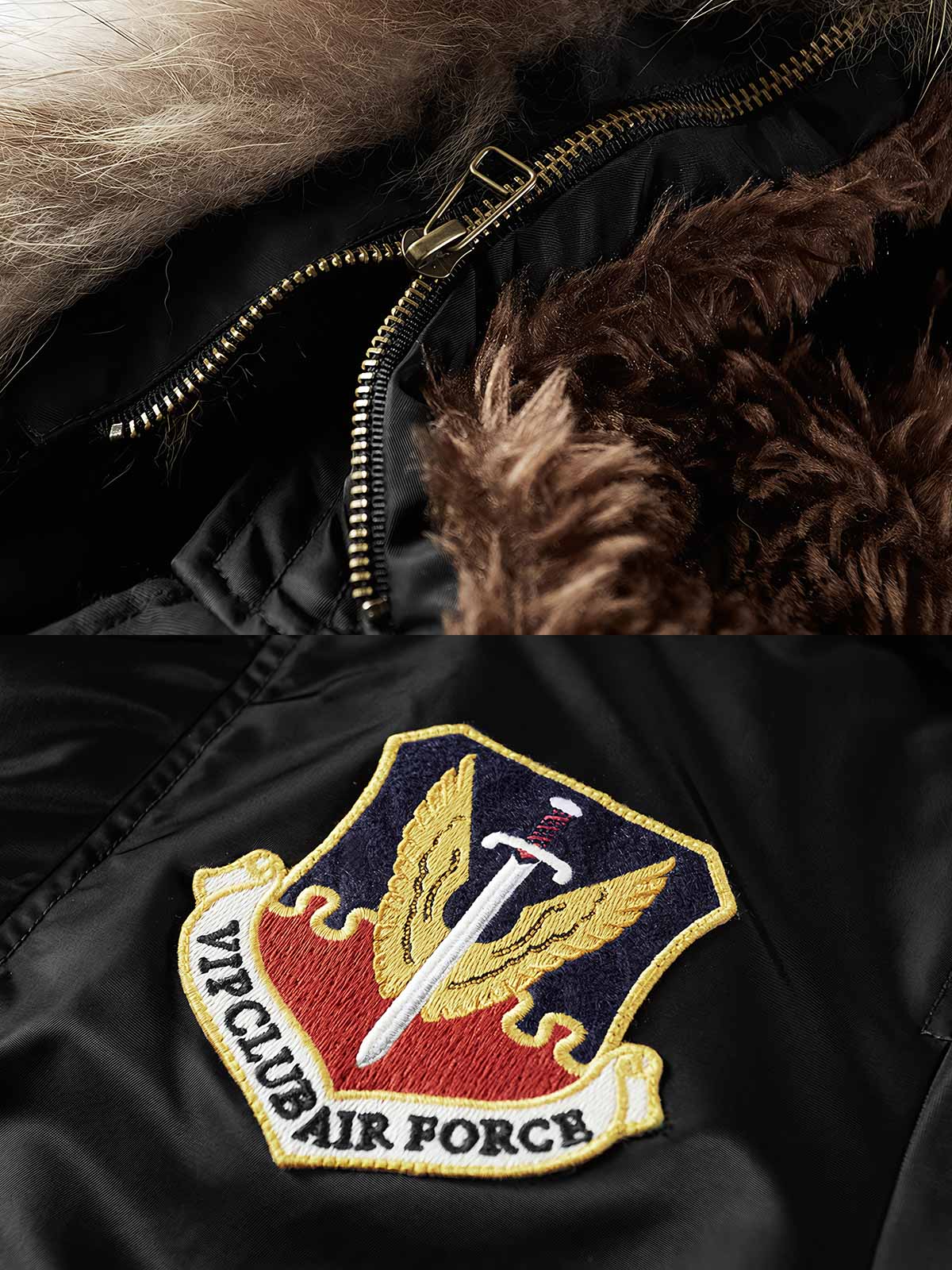 製品画像: 空中戦闘司令部シリーズのN3B中綿フライトジャケット全体を展示した画像。クラシックなミリタリーデザインの特徴が一目でわかる、保温性と防風性能を兼ね備えたジャケット。
詳細画像: アライグマ風の合成ファー襟とフライトエンブレムのディテールがクローズアップされた画像。襟の柔らかい質感とエンブレムのディテールが、ジャケットの軍旅スタイルを引き立てる。