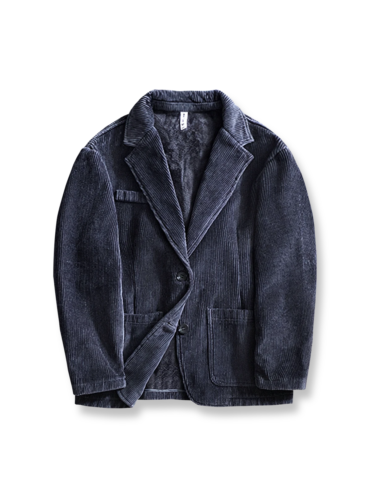 製品画像: リバイバル版コーデュロイ素材とフリース裏地を使用したカジュアルブレザー全体展示図、秋冬にぴったりの暖かさとスタイルを兼ね備えたデザイン
詳細画像: コーデュロイ生地の質感とラペルデザインのディテールクローズアップ