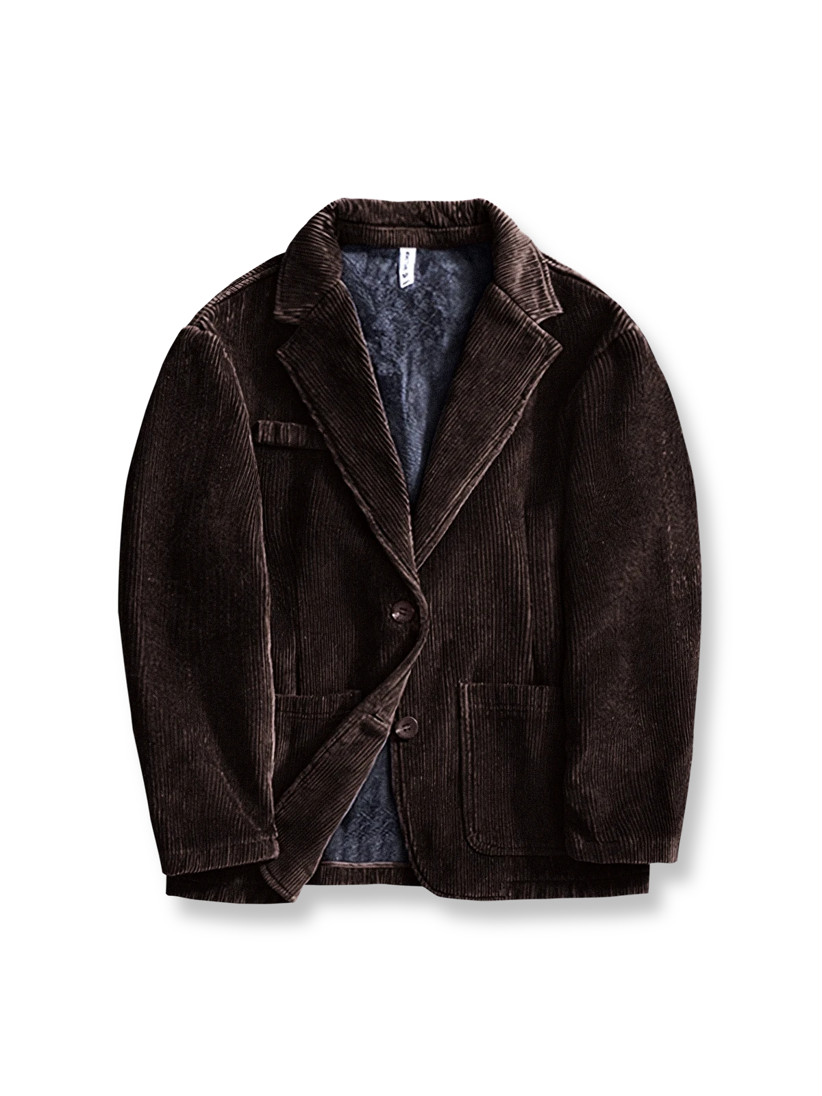 製品画像: リバイバル版コーデュロイ素材とフリース裏地を使用したカジュアルブレザー全体展示図、秋冬にぴったりの暖かさとスタイルを兼ね備えたデザイン
詳細画像: コーデュロイ生地の質感とラペルデザインのディテールクローズアップ
