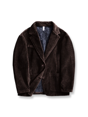 製品画像: リバイバル版コーデュロイ素材とフリース裏地を使用したカジュアルブレザー全体展示図、秋冬にぴったりの暖かさとスタイルを兼ね備えたデザイン
詳細画像: コーデュロイ生地の質感とラペルデザインのディテールクローズアップ