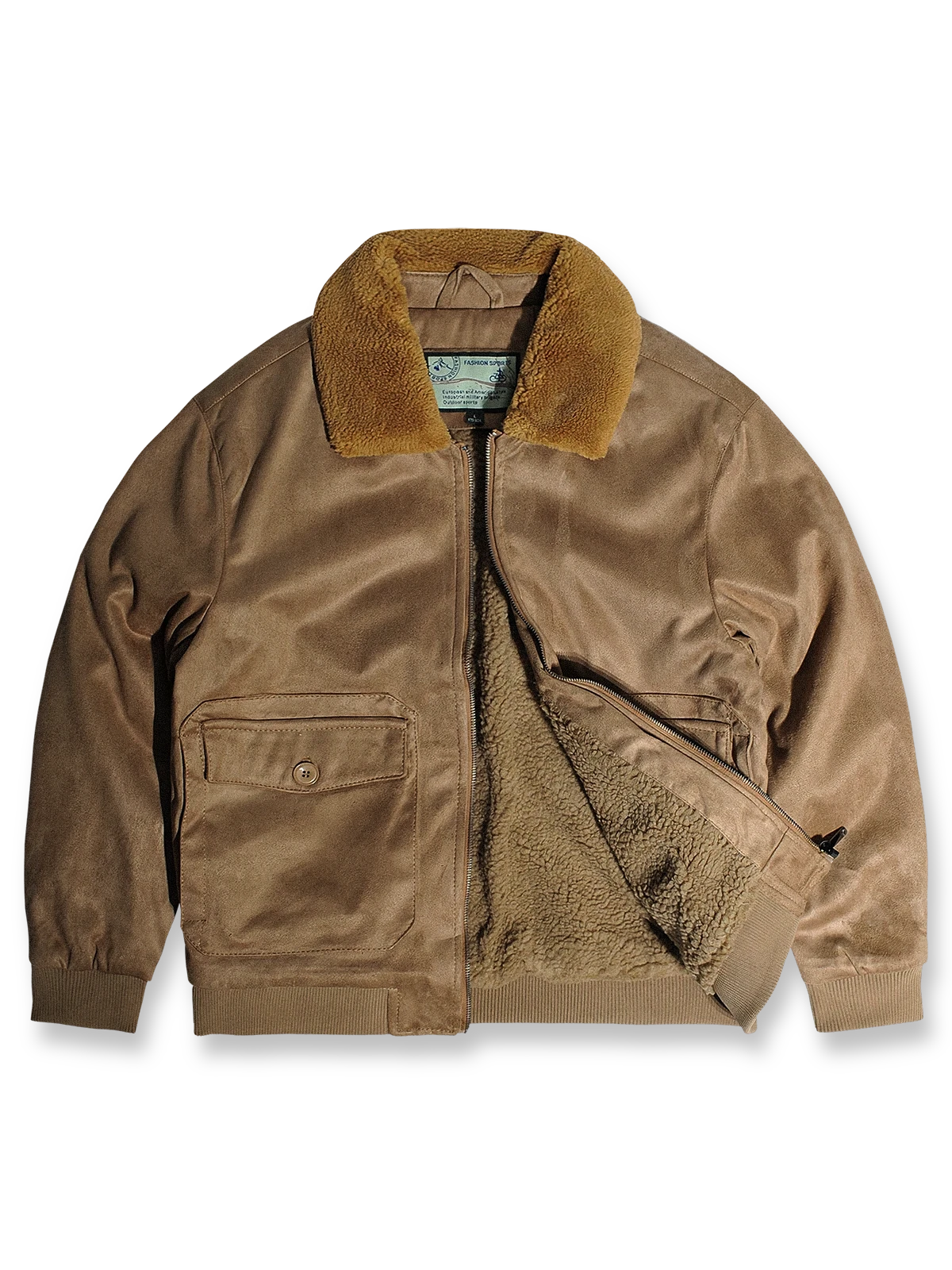 製品画像代替テキスト
フェイクスエード裏起毛ハンティングジャケット、アメリカンヴィンテージスタイルのデザイン。シープスキンライニングとフェイクムートン襟が特徴の秋冬アウター。カーキやブラックのカラー展開。
詳細画像代替テキスト
フェイクスエード裏起毛素材とシープスキンライニングのディテール。フェイクムートン襟とリブ編みの裾、ヴィンテージ感漂うデザイン。機能性とデザイン性を兼ね備えた大きなフラップポケット。