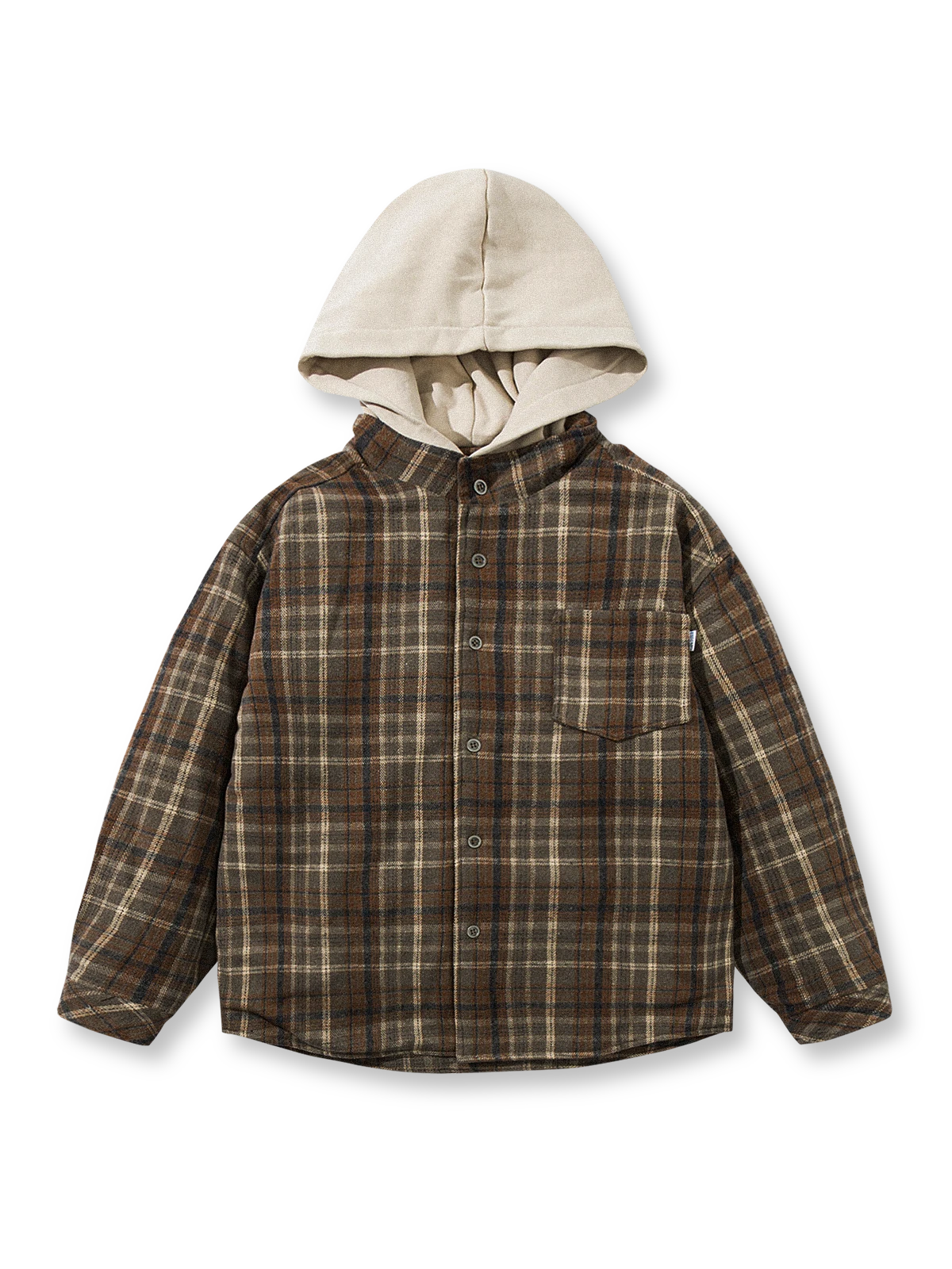 製品画像: レトロなチェック柄とフード付きデザインが特徴的な中綿ジャケットの正面全景。ウール調素材が暖かさと快適さを兼ね備えた秋冬に最適なアイテム。リラックスしたフィット感で、ワークスタイルにもぴったり。
詳細画像: フードデザインと胸元のポケットディテールが際立つチェック柄中綿ジャケット。柔らかなウール調素材が視覚的に立体感を持ちながらも、肌触りが良く、秋冬のコーディネートに最適な暖かい質感。
