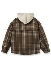 製品画像: レトロなチェック柄とフード付きデザインが特徴的な中綿ジャケットの正面全景。ウール調素材が暖かさと快適さを兼ね備えた秋冬に最適なアイテム。リラックスしたフィット感で、ワークスタイルにもぴったり。
詳細画像: フードデザインと胸元のポケットディテールが際立つチェック柄中綿ジャケット。柔らかなウール調素材が視覚的に立体感を持ちながらも、肌触りが良く、秋冬のコーディネートに最適な暖かい質感。