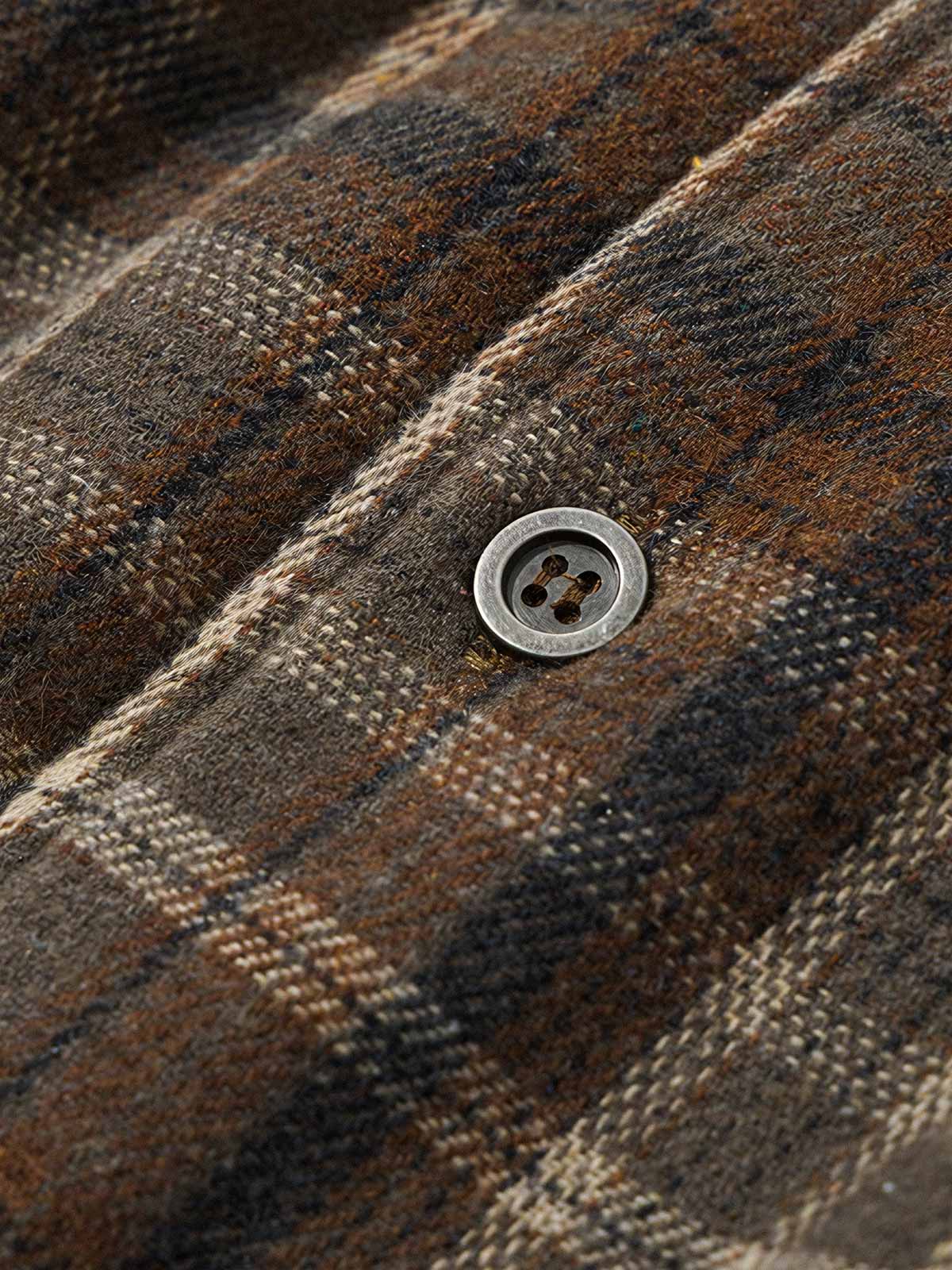 製品画像: レトロなチェック柄とフード付きデザインが特徴的な中綿ジャケットの正面全景。ウール調素材が暖かさと快適さを兼ね備えた秋冬に最適なアイテム。リラックスしたフィット感で、ワークスタイルにもぴったり。
詳細画像: フードデザインと胸元のポケットディテールが際立つチェック柄中綿ジャケット。柔らかなウール調素材が視覚的に立体感を持ちながらも、肌触りが良く、秋冬のコーディネートに最適な暖かい質感。