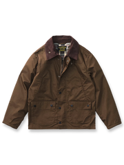 製品画像: コーデュロイカラーのコントラスト襟とオイルワックス加工が施されたハンティングジャケット。高密度梭織生地を使用し、耐久性とレトロ感を兼ね備えたデザイン。
詳細画像: チェック柄のキルティングライニングとスナップボタン付き風防襟のディテール。YKKのダブルヘッドラウンドリングジッパーと多機能ポケット配置が実用性を高めています。