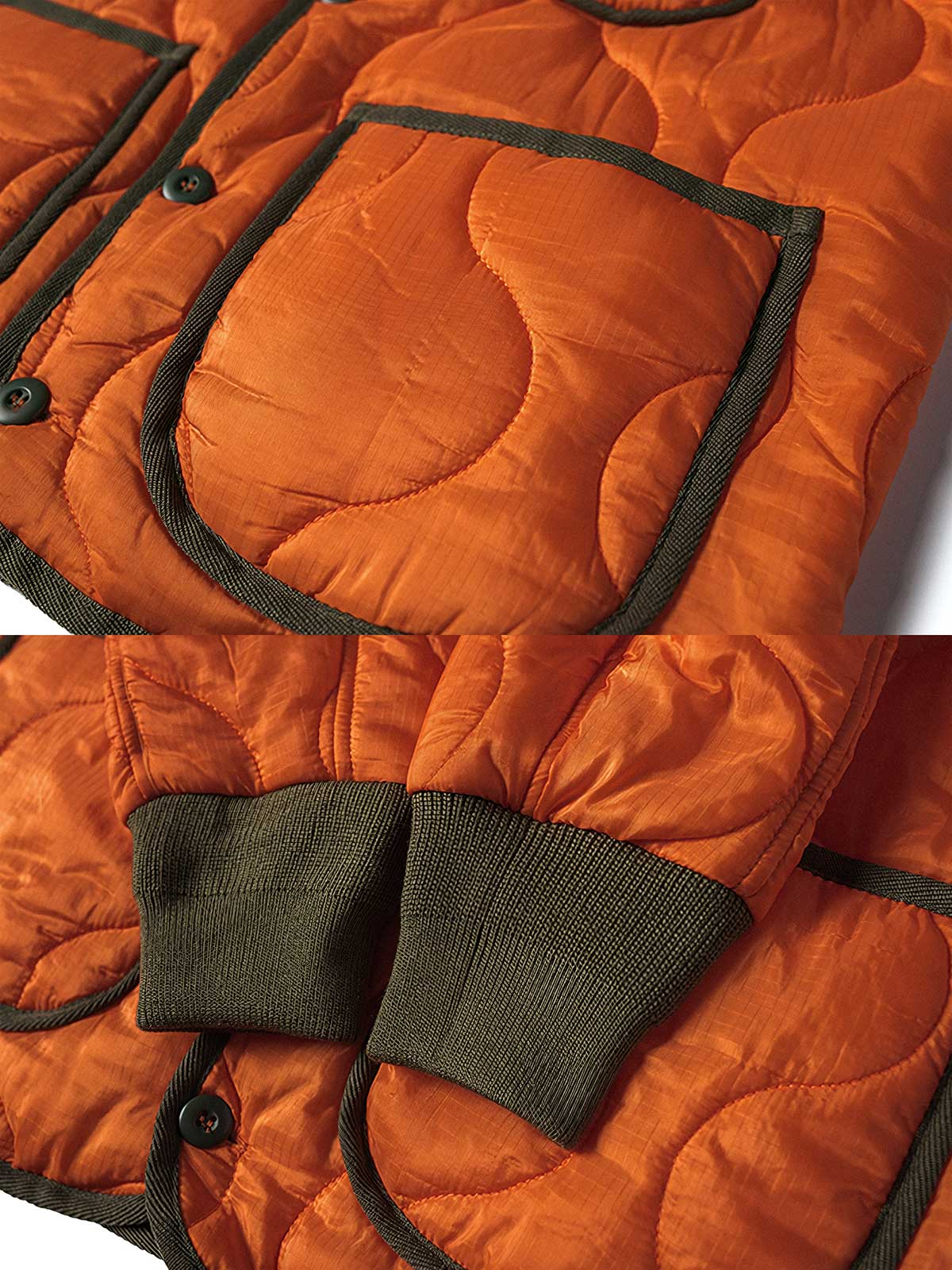 製品画像: 弧形キルティングデザインの軽量インナーダウンジャケット、ミリタリースタイルでレトロ感と現代的な機能性を兼ね備えた秋冬の必須アイテム。
詳細画像: リバーシブルデザイン(オリーブグリーンとレスキューオレンジ)、袖口のリブ編みが冷気をシャットアウト。軽量でありながら優れた保温性を提供。