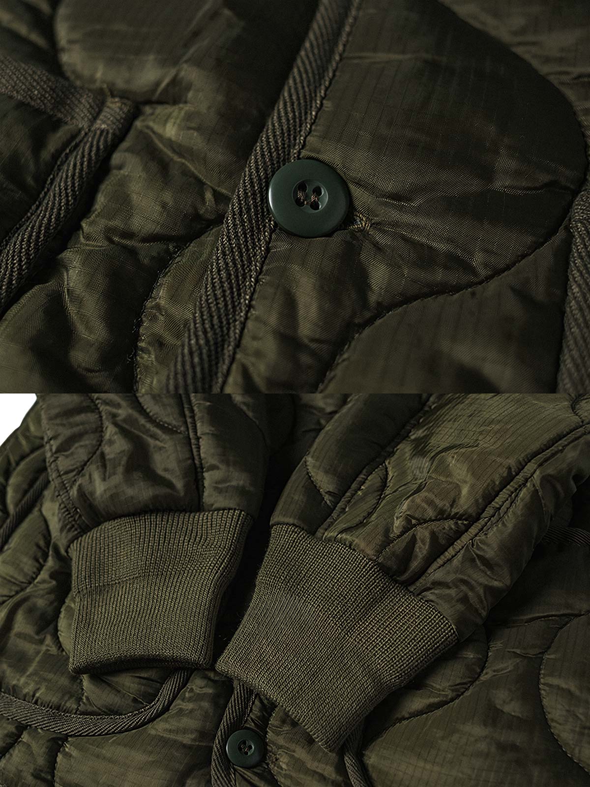 製品画像: 弧形キルティングデザインの軽量インナーダウンジャケット、ミリタリースタイルでレトロ感と現代的な機能性を兼ね備えた秋冬の必須アイテム。
詳細画像: リバーシブルデザイン(オリーブグリーンとレスキューオレンジ)、袖口のリブ編みが冷気をシャットアウト。軽量でありながら優れた保温性を提供。
