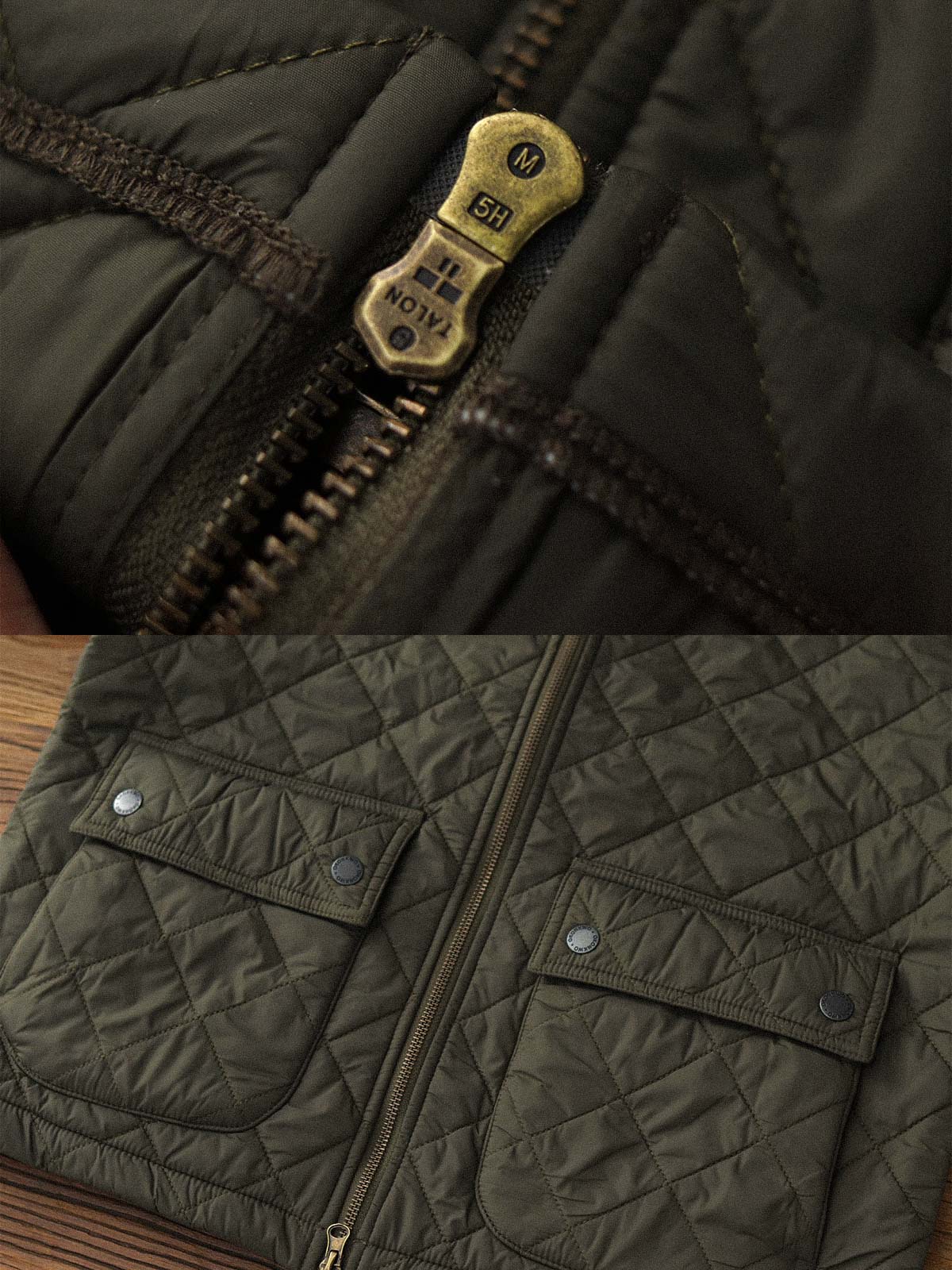製品画像: ヴィンテージダイヤキルト中綿ジャケット正面展示図。クラシックなダイヤキルト縫製とコーデュロイ襟が特徴的なデザイン。軽量で暖かく、スリムなシルエット。
詳細画像: TALONの真鍮ジッパー、ラグランスリーブのディテール。大きなサイドポケットと斜めの隠しポケットが実用的なデザイン。
