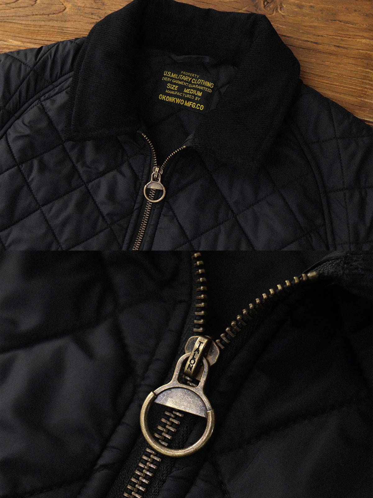 製品画像: ヴィンテージダイヤキルト中綿ジャケット正面展示図。クラシックなダイヤキルト縫製とコーデュロイ襟が特徴的なデザイン。軽量で暖かく、スリムなシルエット。
詳細画像: TALONの真鍮ジッパー、ラグランスリーブのディテール。大きなサイドポケットと斜めの隠しポケットが実用的なデザイン。