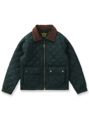 製品画像: ヴィンテージダイヤキルト中綿ジャケット正面展示図。クラシックなダイヤキルト縫製とコーデュロイ襟が特徴的なデザイン。軽量で暖かく、スリムなシルエット。
詳細画像: TALONの真鍮ジッパー、ラグランスリーブのディテール。大きなサイドポケットと斜めの隠しポケットが実用的なデザイン。