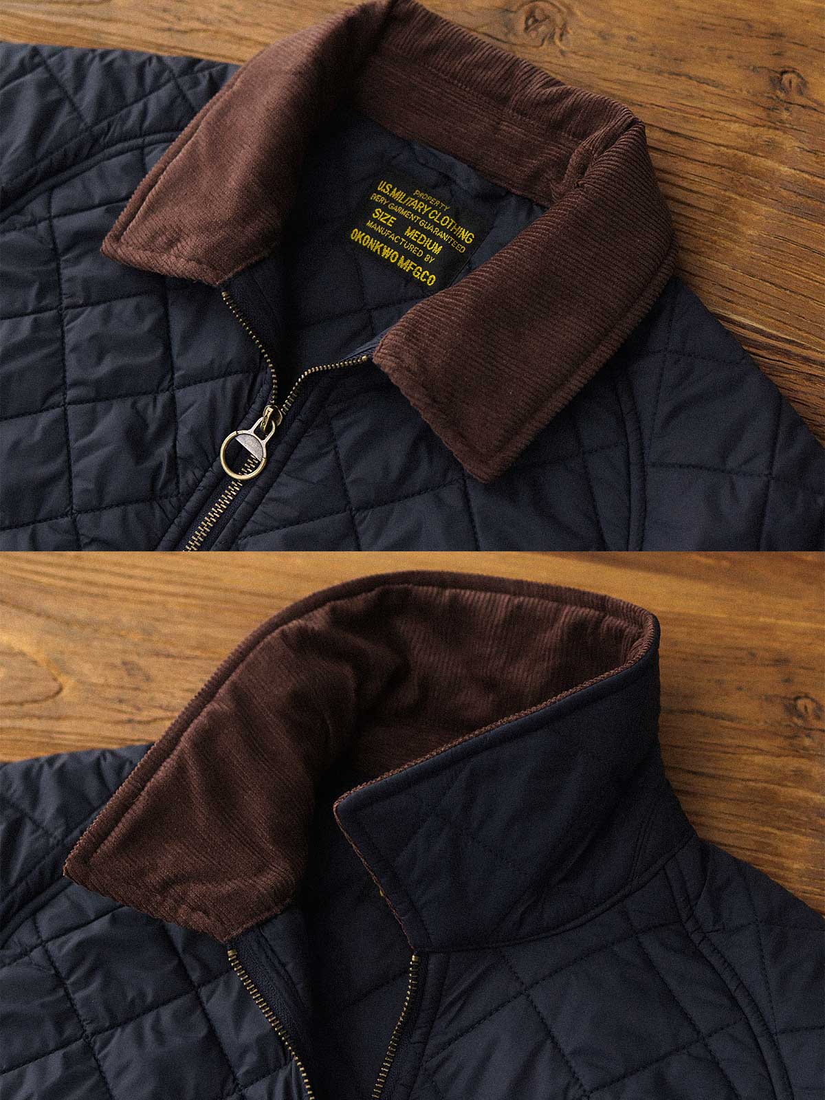 製品画像: ヴィンテージダイヤキルト中綿ジャケット正面展示図。クラシックなダイヤキルト縫製とコーデュロイ襟が特徴的なデザイン。軽量で暖かく、スリムなシルエット。
詳細画像: TALONの真鍮ジッパー、ラグランスリーブのディテール。大きなサイドポケットと斜めの隠しポケットが実用的なデザイン。